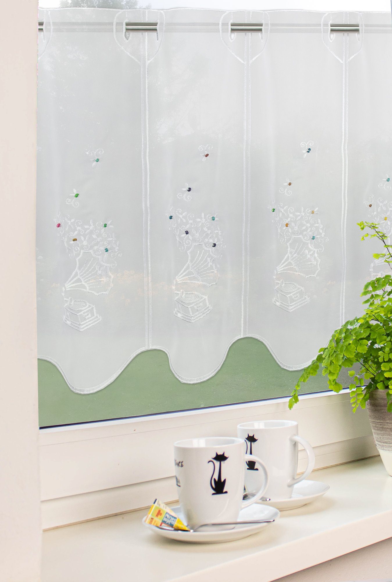 EXPERIENCE Scheibengardine Scheibengardine Kurzgardine Kindergardine Bistrogardine Grammophon Weiß Voile Holzperlen Bunt 45x155 cm (1 St), Durchzuglöcher, halbtransparent, Holzperlen