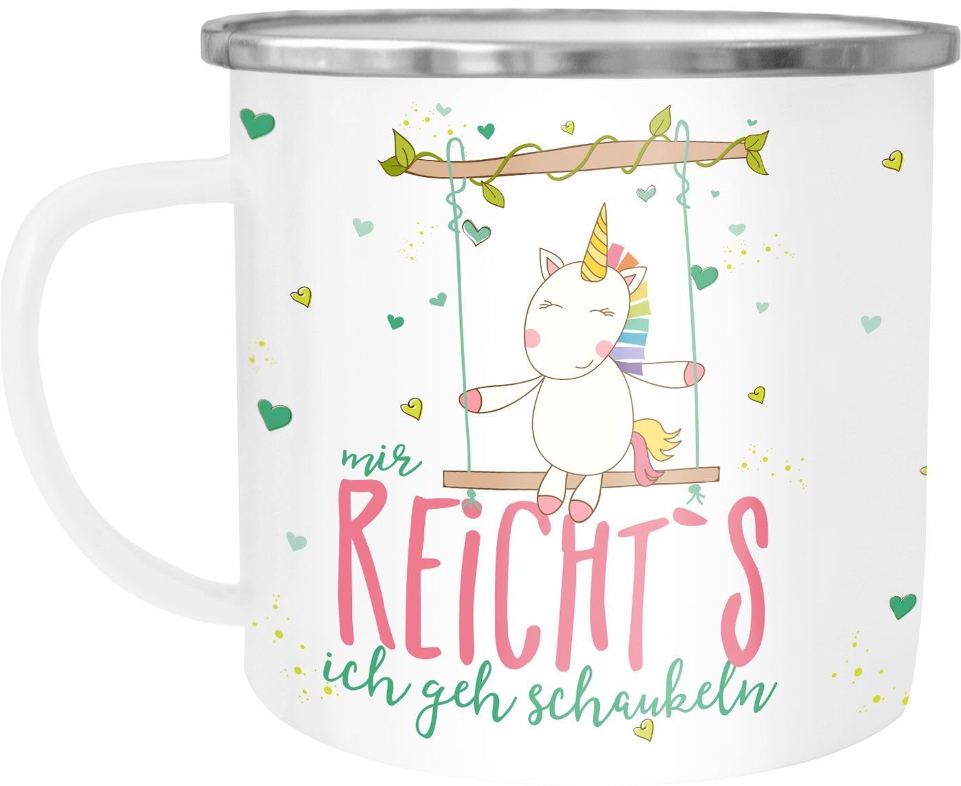 MoonWorks Tasse Emaille Tasse Becher Einhorn Mir reichts ich geh schaukeln Spruch Einhorntasse Unicorn Kaffeetasse Moonworks®, emailliert und mit Aufdruck