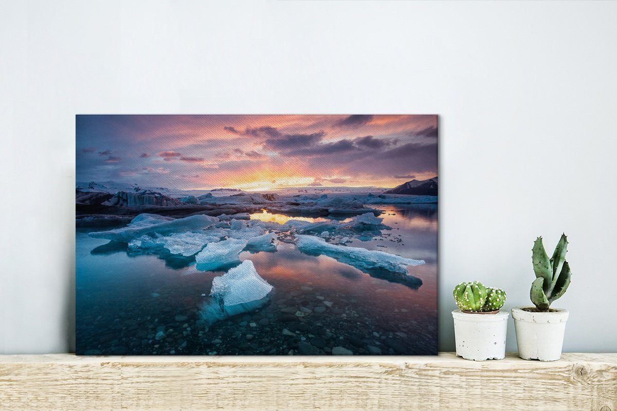 Aufhängefertig, Wandbild See OneMillionCanvasses® cm Jökulsárlón, am Leinwandbilder, St), Wanddeko, Der Sonnenuntergang 30x20 (1 Leinwandbild