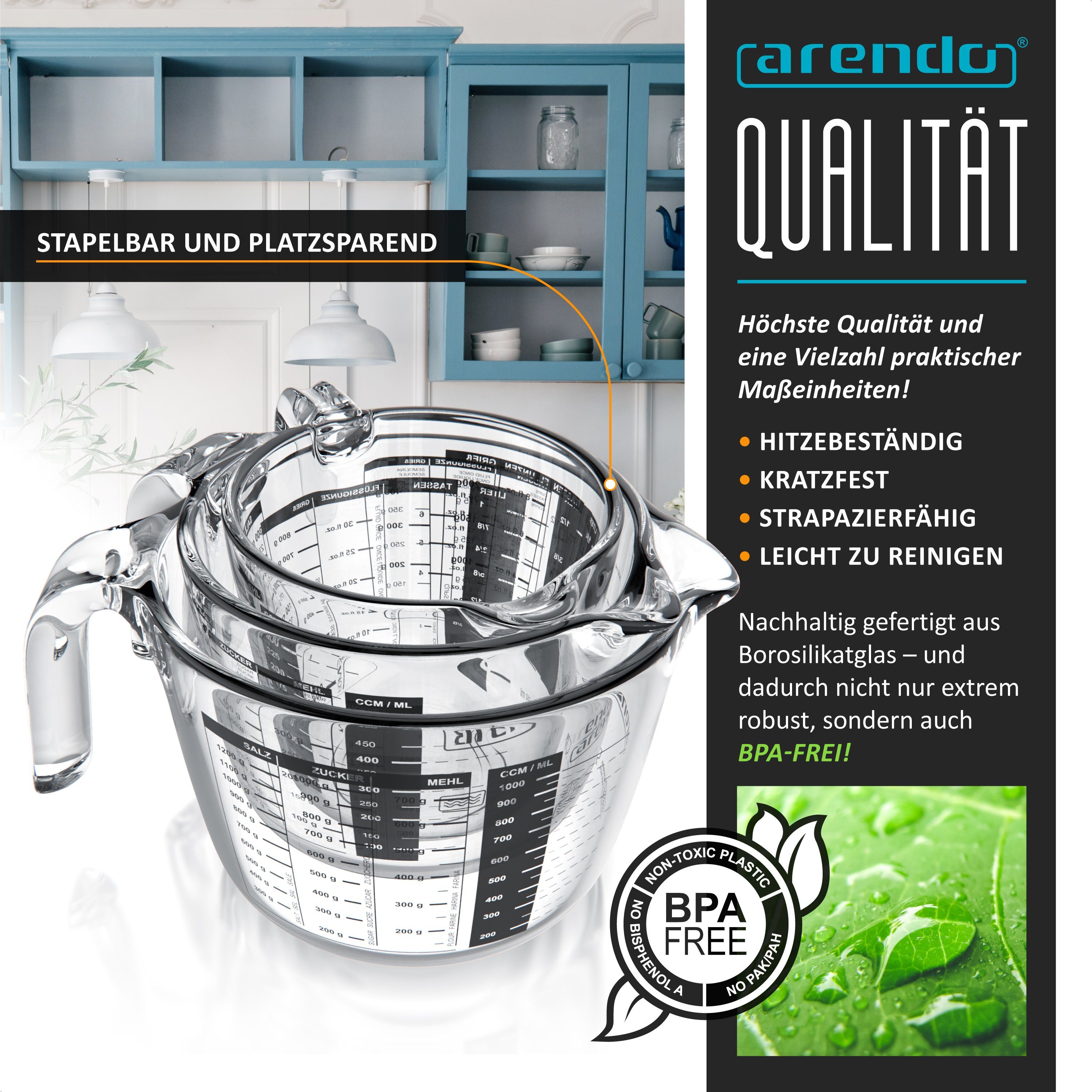 Arendo Messbecher 250 ml, 500 ml & 1000 ml Glas Messkrug Set, Borosilikatglas, Glas, (Set, 3-St), hitzebeständig, präzise Skala, Mikrowellen-geeignet, Küchenhelfer