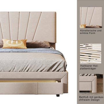OKWISH Polsterbett Doppelbett mit Lattenrost, Rückenlehne und großer Schublade (Matratze nicht enthaltet, Beige), Hautfreundliches Doppelbett aus Samtstoff, Einfache Montage