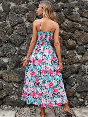 BlauWave Druckkleid Bedrucktes Kleid mit V-Ausschnitt und Taille (Bequem und langlebig, 1-tlg., Für den Alltag unterwegs) Sommer Frauen ärmelloses langes Kleid