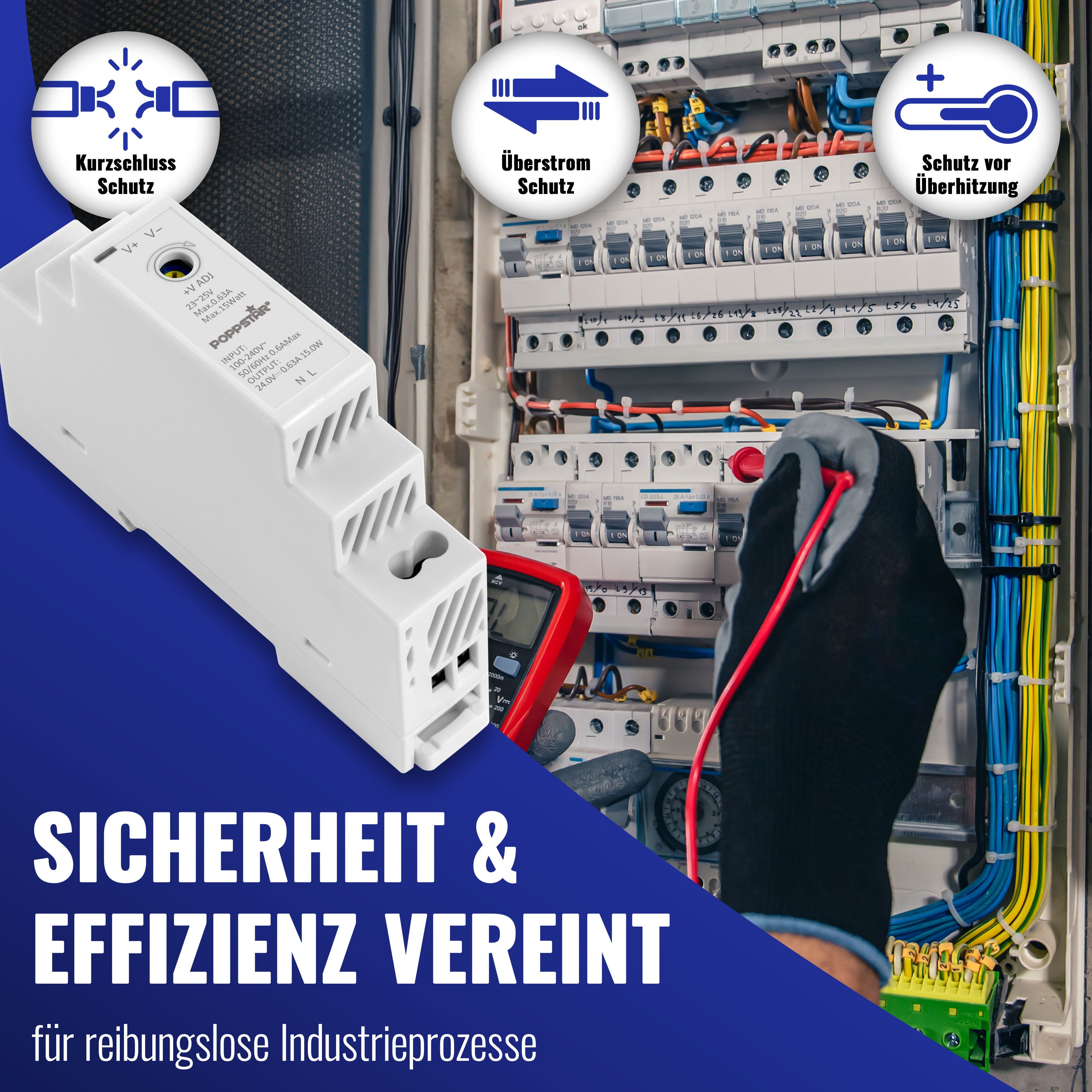 Poppstar DIN Rail Netzteil 24V 15 Watt Hutschienen-Netzteil (Klingeltrafo mit Input 100-240V AC, Output 24 V DC 0,63 A 15W)
