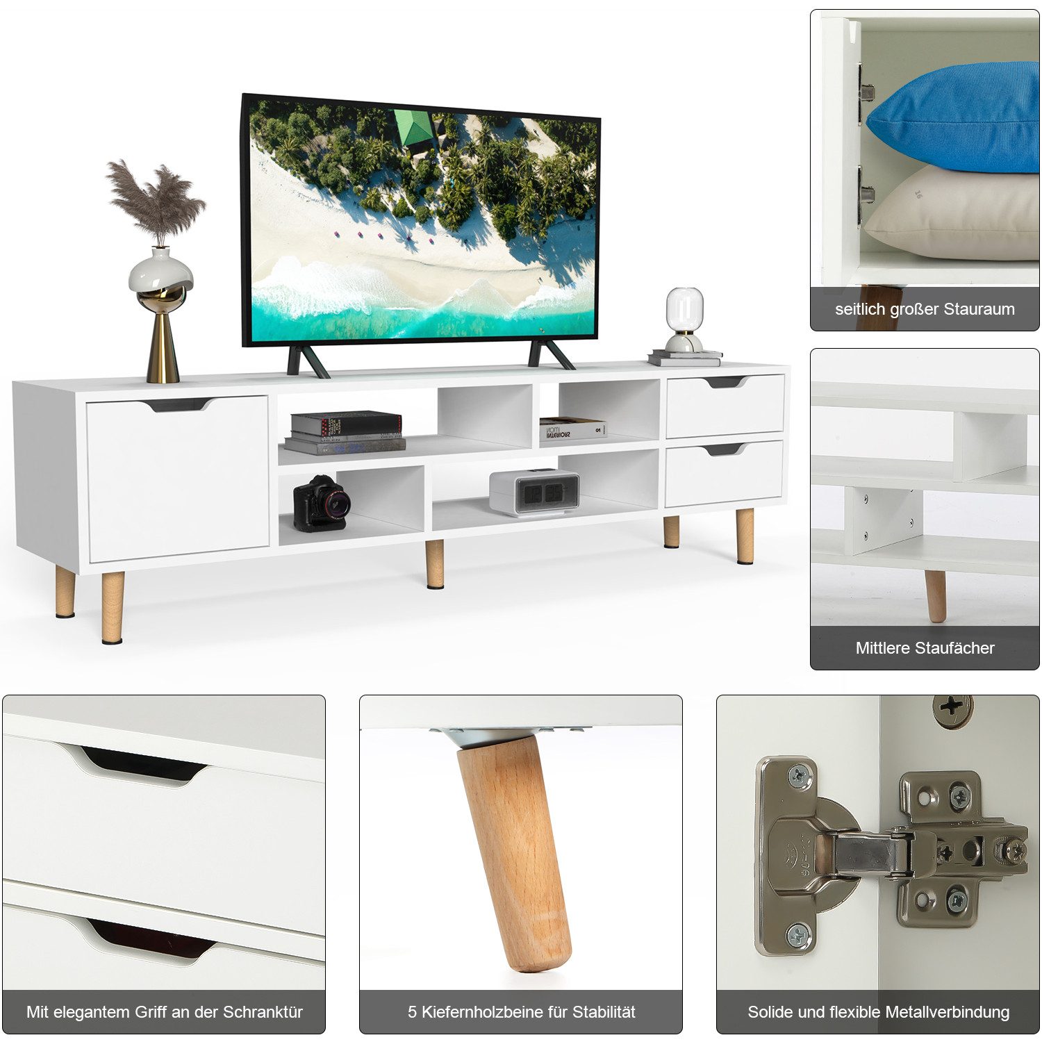 oyajia Lowboard Moderne TV Schrank mit Beinen, grifflose TV-Board Weiß Lowboard 140cm (5 offenes Regalfach, viel Stauraum), TV-Schrank mit Holzbeinen, Fernsehschrank in wohnzimmer Schlafzimmer
