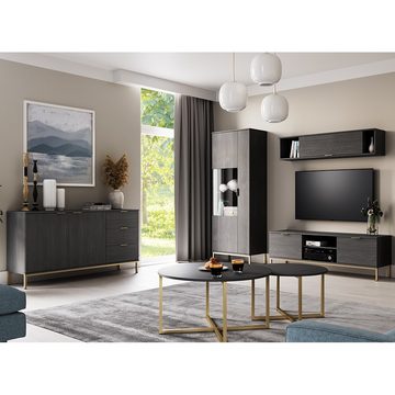 Lomadox Wohnzimmer-Set PERIA-132, (Mega-Spar-Set, 6-St., 6-tlg), schwarz Nb. mit goldfarbenen Metallfüßen und -griffen