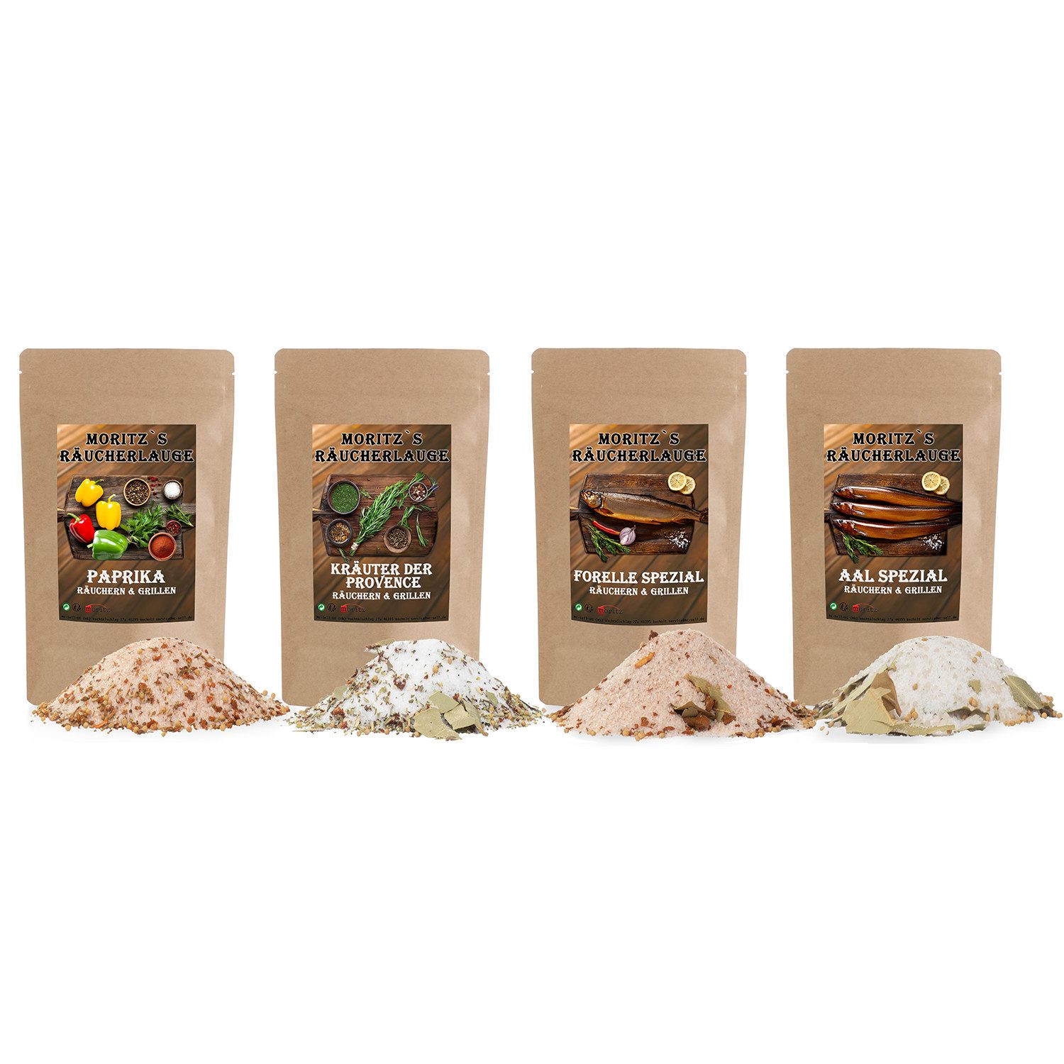 Moritz Räucherbox Räucherlauge 4er Set (Aal Spezial, Forelle Spezial, Paprika, Kräuter Räuchern Grillen Smoker Fischgewürz Kalt- und Heißräuchern
