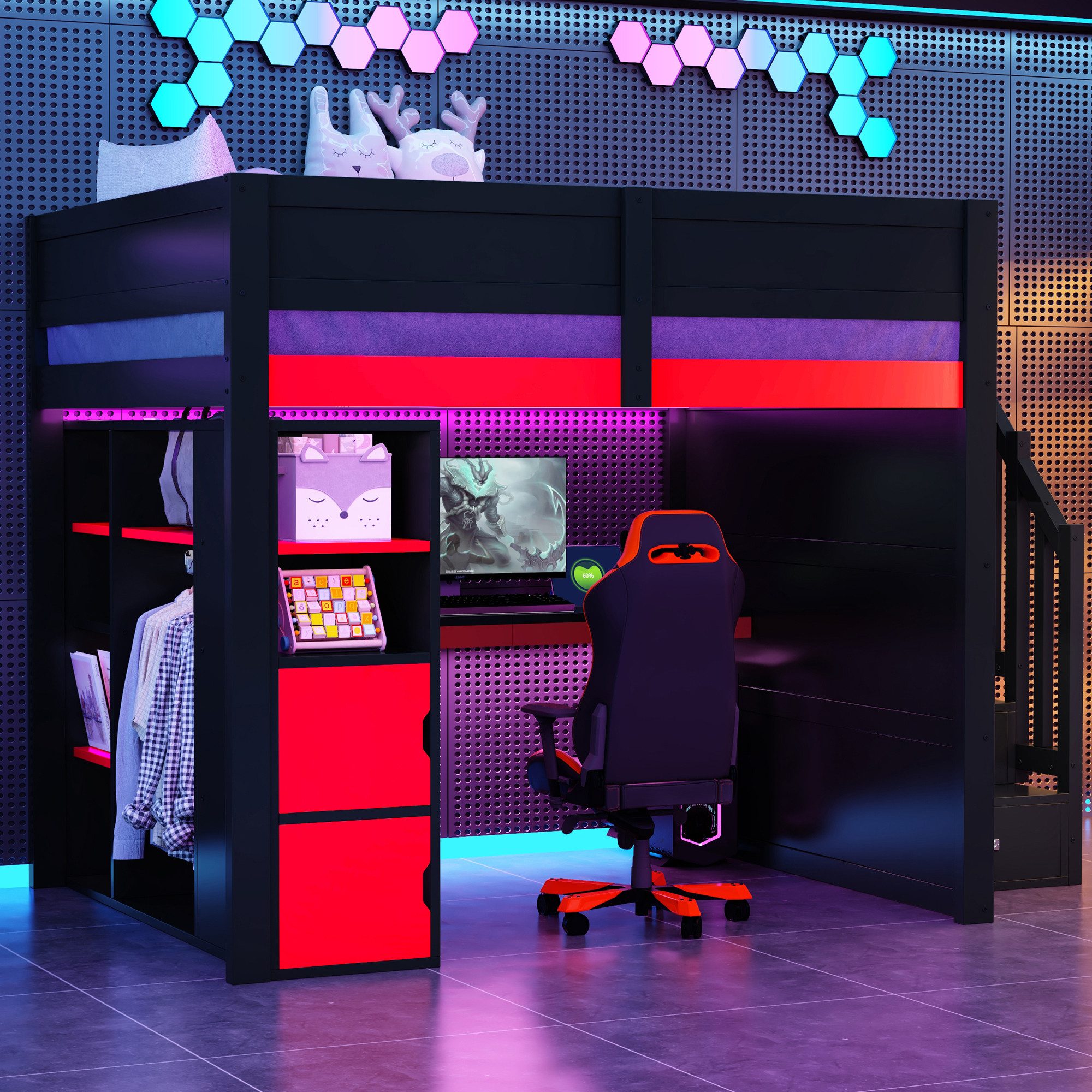 Merax Hochbett 140x200cm mit LED und USB (Gaming Jugendbett Einzelbett, 1-St) Holz Kinderbett mit Schreibtisch, Stauraum & Treppe mit Fächern