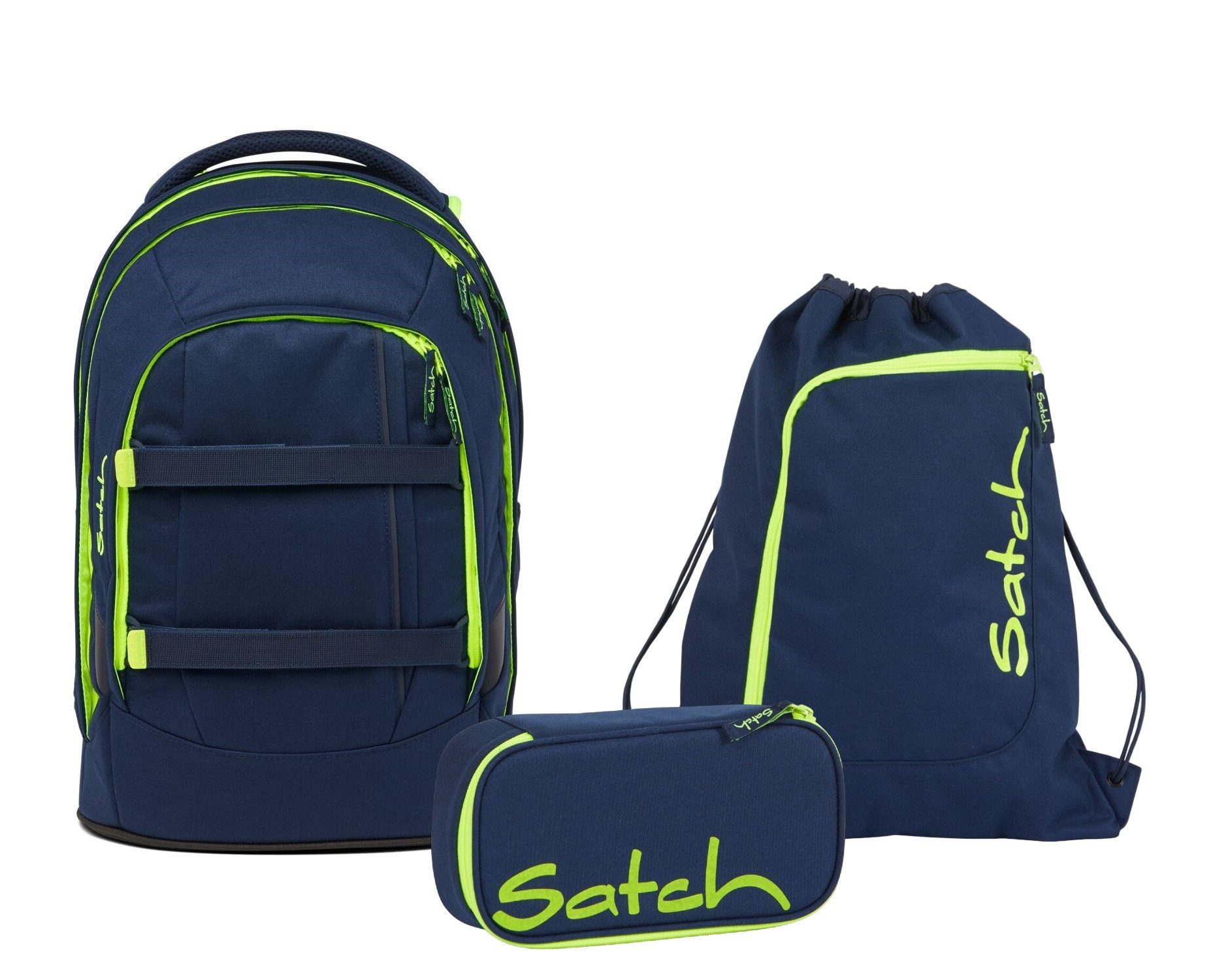Satch Schulranzen Schulrucksack-Set PACK Toxic Yellow 3-teilig (3-teilig), Laptop-Fach, Your-Size-System, Schulranzen