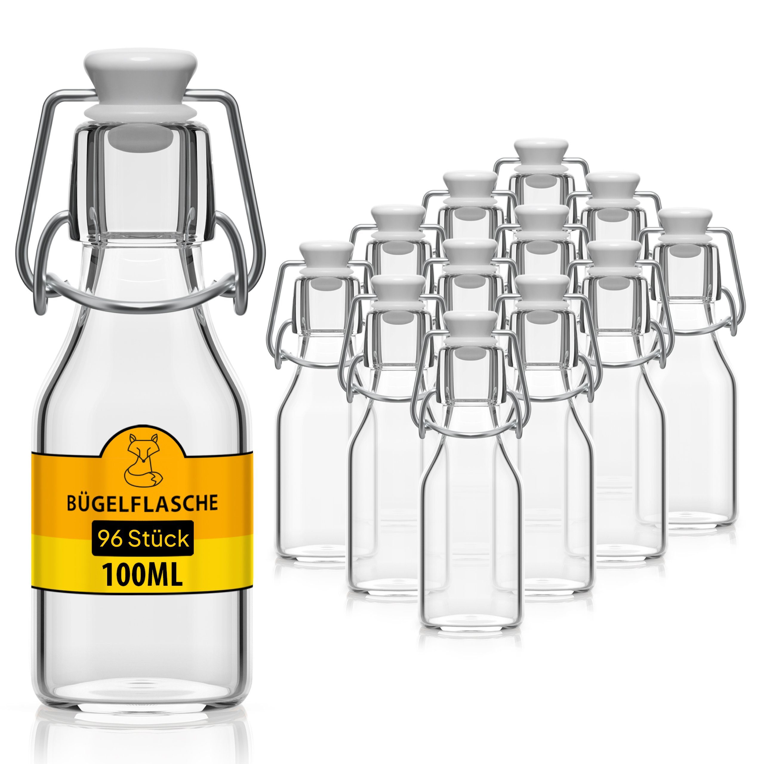 Flaschen-Fuchs Vorratsglas 100ml Flaschen zum Befüllen Bügelverschluss Schnaps Likörflaschen, Glas, (96er Set)