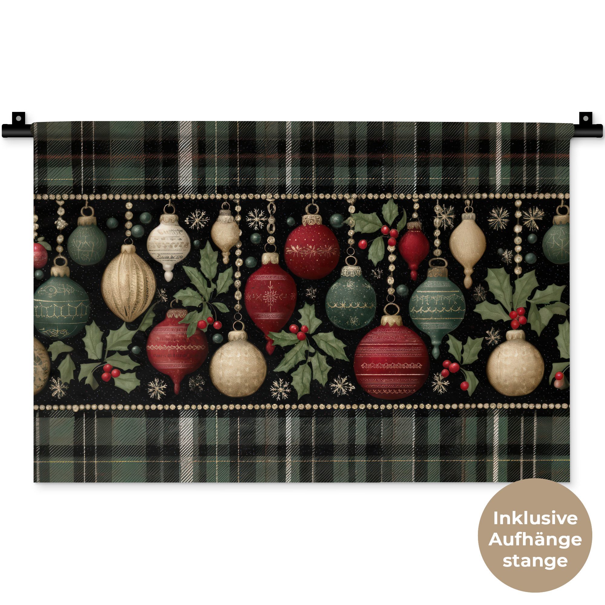 MuchoWow Wandteppich Weihnachtskugeln - Rot - Stechpalmenzweige - Muster, Rechteckig, Höhe: 3 mm, Wandteppich für Wohnzimmer, Schlafzimmer, 60x40 cm