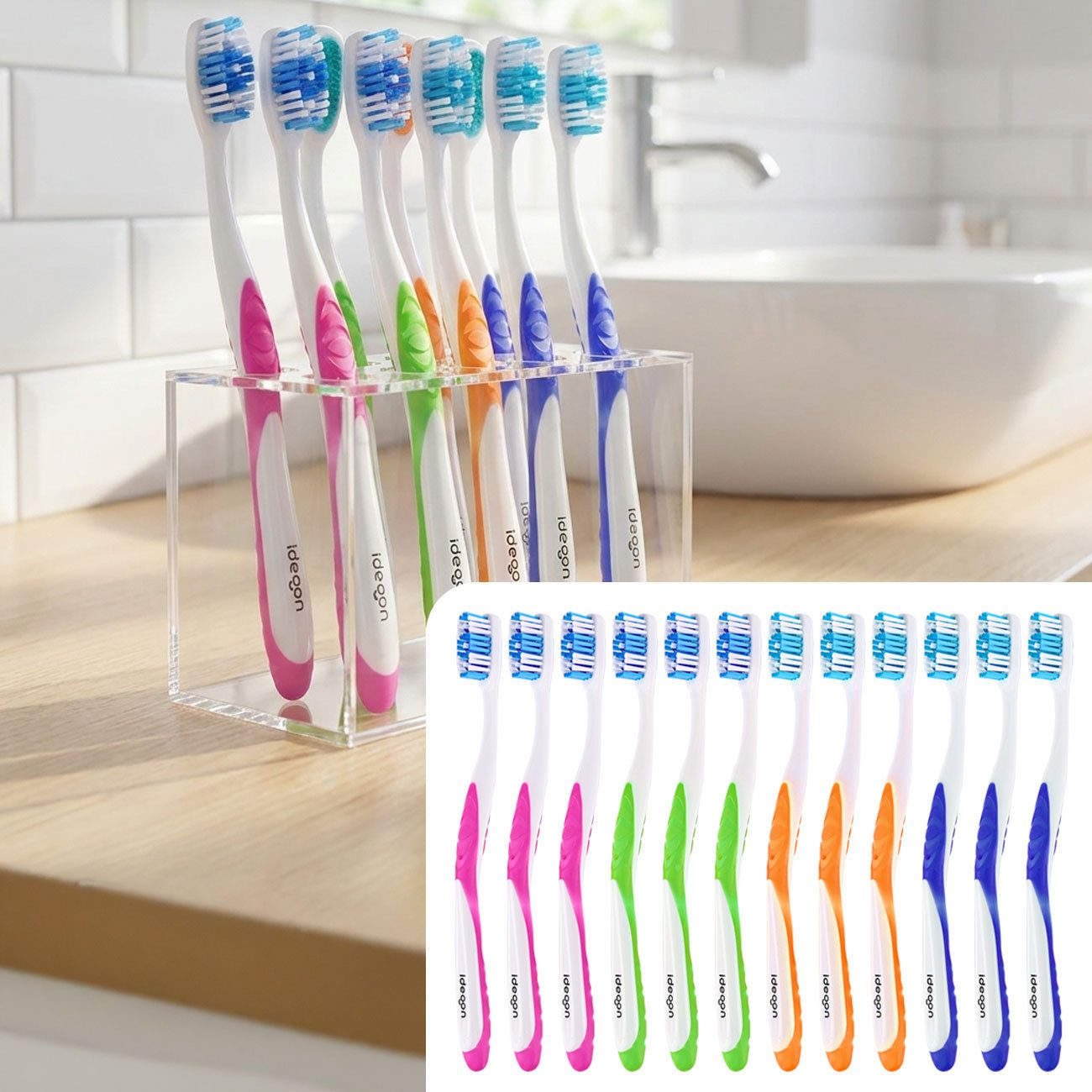 shop'n smile ideoon Zahnbürste Handzahnbürsten Set Soft mit Zungenreiniger, 12er- / 24er-Pack, Zahnbürsten-Familienpackung mit Wellenprofil & einzeln verpackt