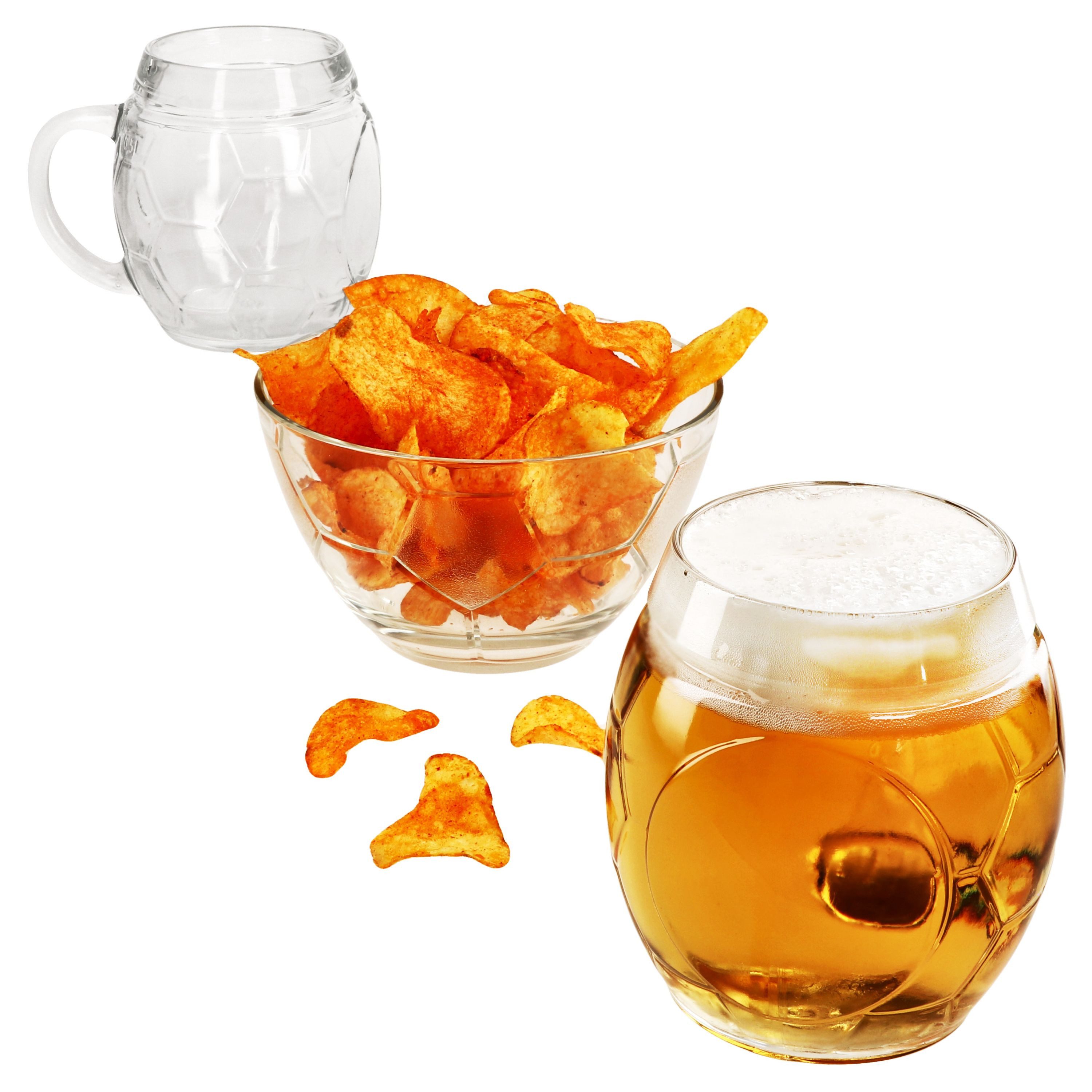 Bierglas 3tlg Fußball Set Biergläser 0,5L geeicht & Schale Ball-Relief Krug