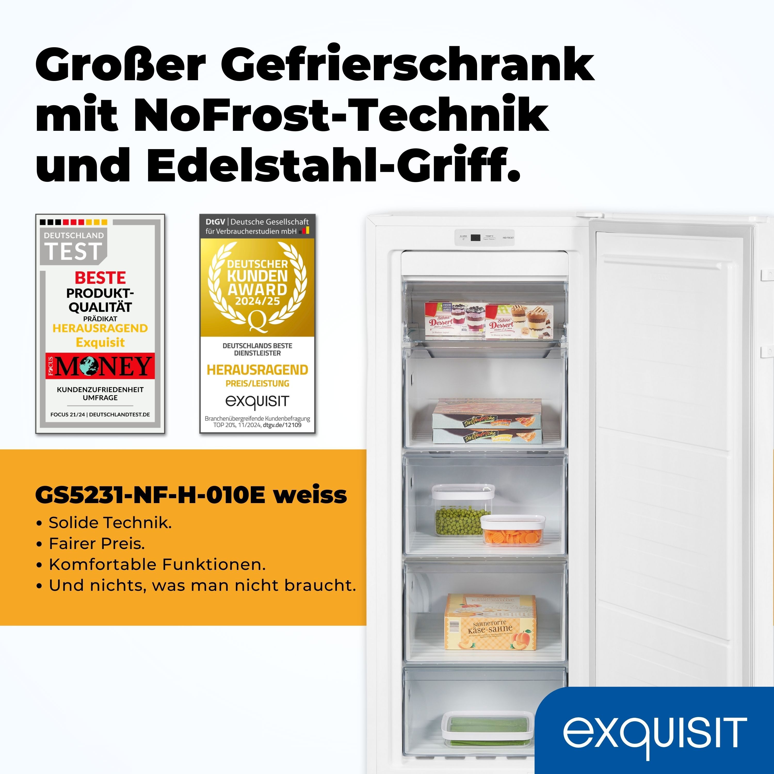exquisit Gefrierschrank GS5231-NF-H-010E weiss, 143.5 cm hoch, 56 cm breit, XL-Lagerung mit komfortablen No Frost & Schnell-Gefrieren