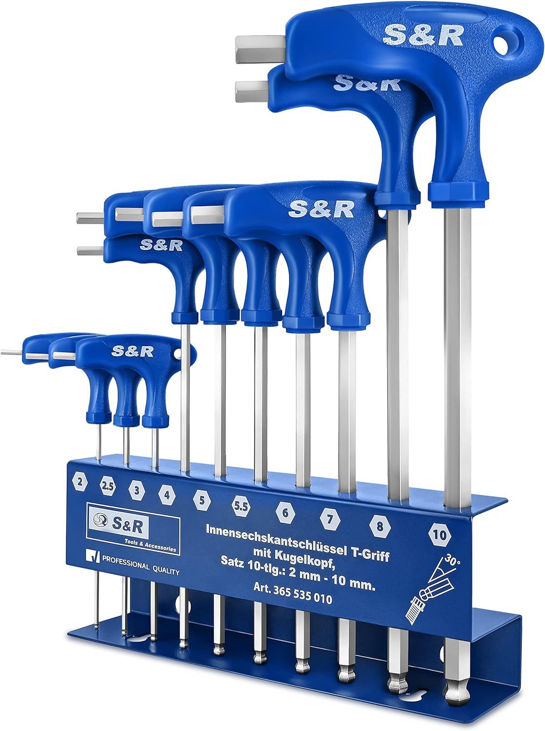 S&R Шестигранный ключ HX, S2 Hochleistungsstahl, T-Griff, zuverlässiger Korrosionsschutz, (Set, 10-tlg 2 mm - 10 mm), mit Kugelkopf, Werkzeughalter aus Metall, Metrisch