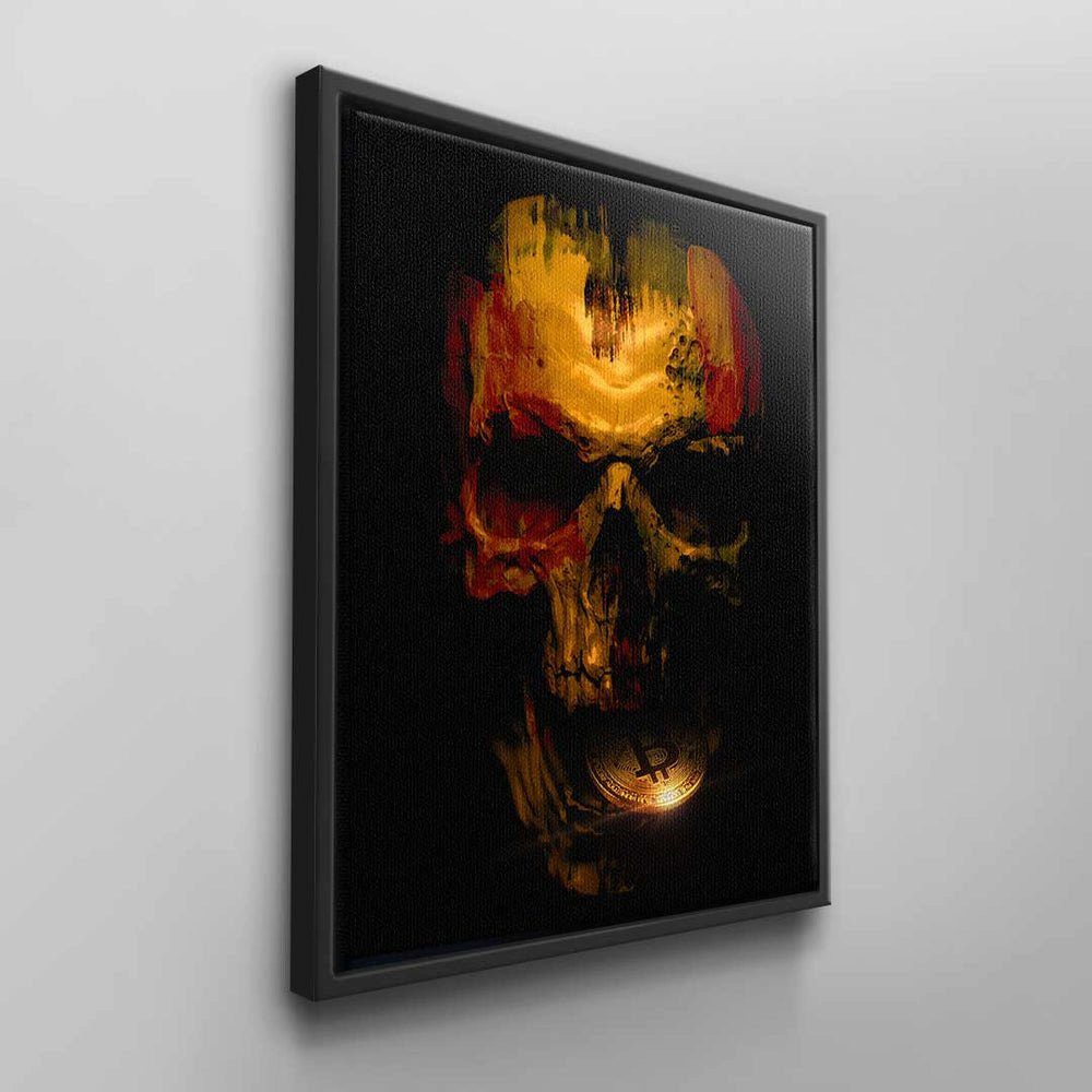Wandbild Totenkopf Mund Skull, Rahmen schwarz Leinwandbild ohne DOTCOMCANVAS® gelb rot grun Bitcoin Bi Bitcoin-Krypto gold