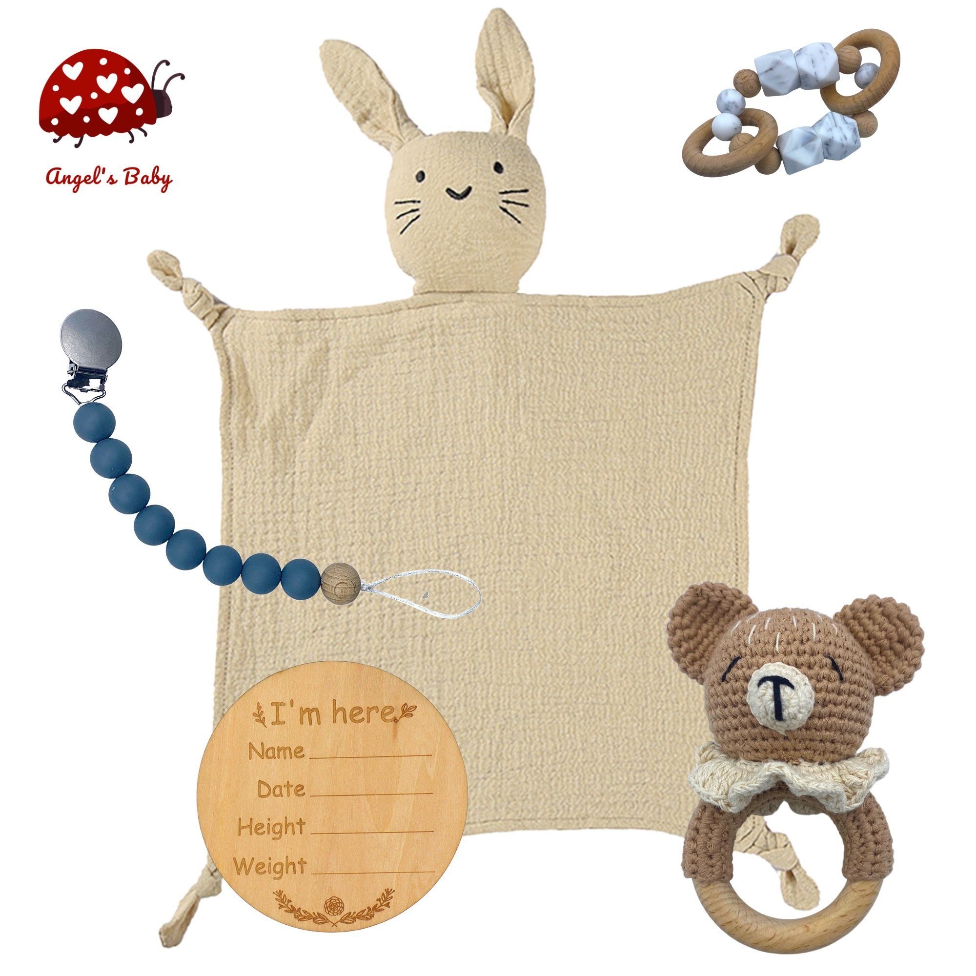 Angel's Baby Neugeborenen-Geschenkset Geschenk niedlichem mit 5-tlg., Grußkarte, Geburt in Baumwolle, Geschenkverpackung Babyrassel 5 zur Geburtskarte) (Set, Schnuffeltuch, und Braun Design + mit Teile gratis