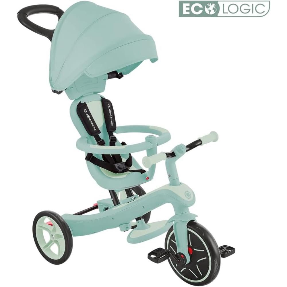 Globber Dreirad-Kinderwagen EXPLORER TRIKE 4in1 ECO Kinderwagen Dreirad Laufrad, (4-in-1 Kinderfahrzeug), Mit 5-Punkt-Gurt, Sicherheitsbügel, Kopfstütze und Hinterradbremse