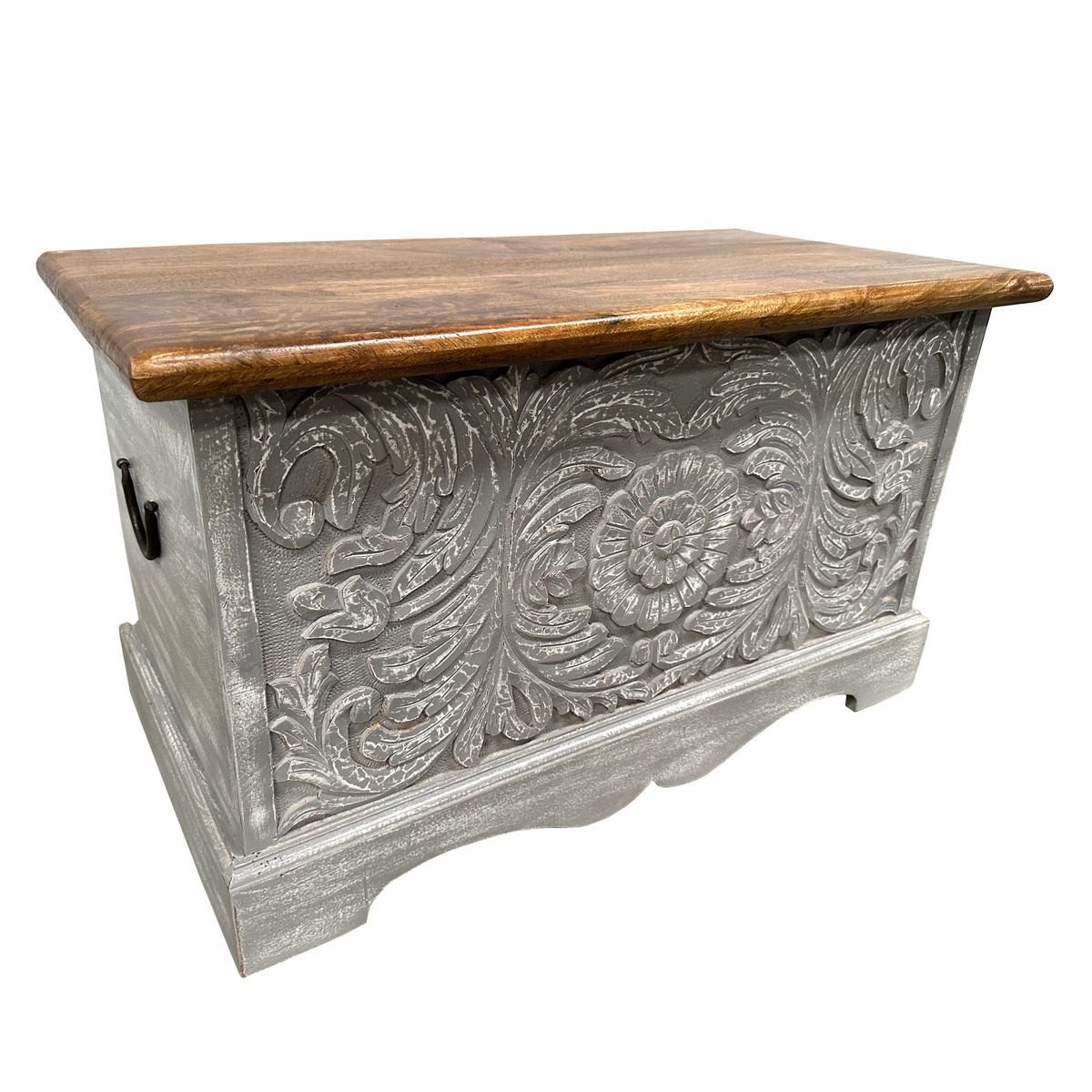 Oriental Galerie Truhe Indische Truhe Holz Grau Braun 80cm (1 St), Couchtisch, Holztruhe, Antik, Wäschetruhe, Möbeltruhe, Holzkiste