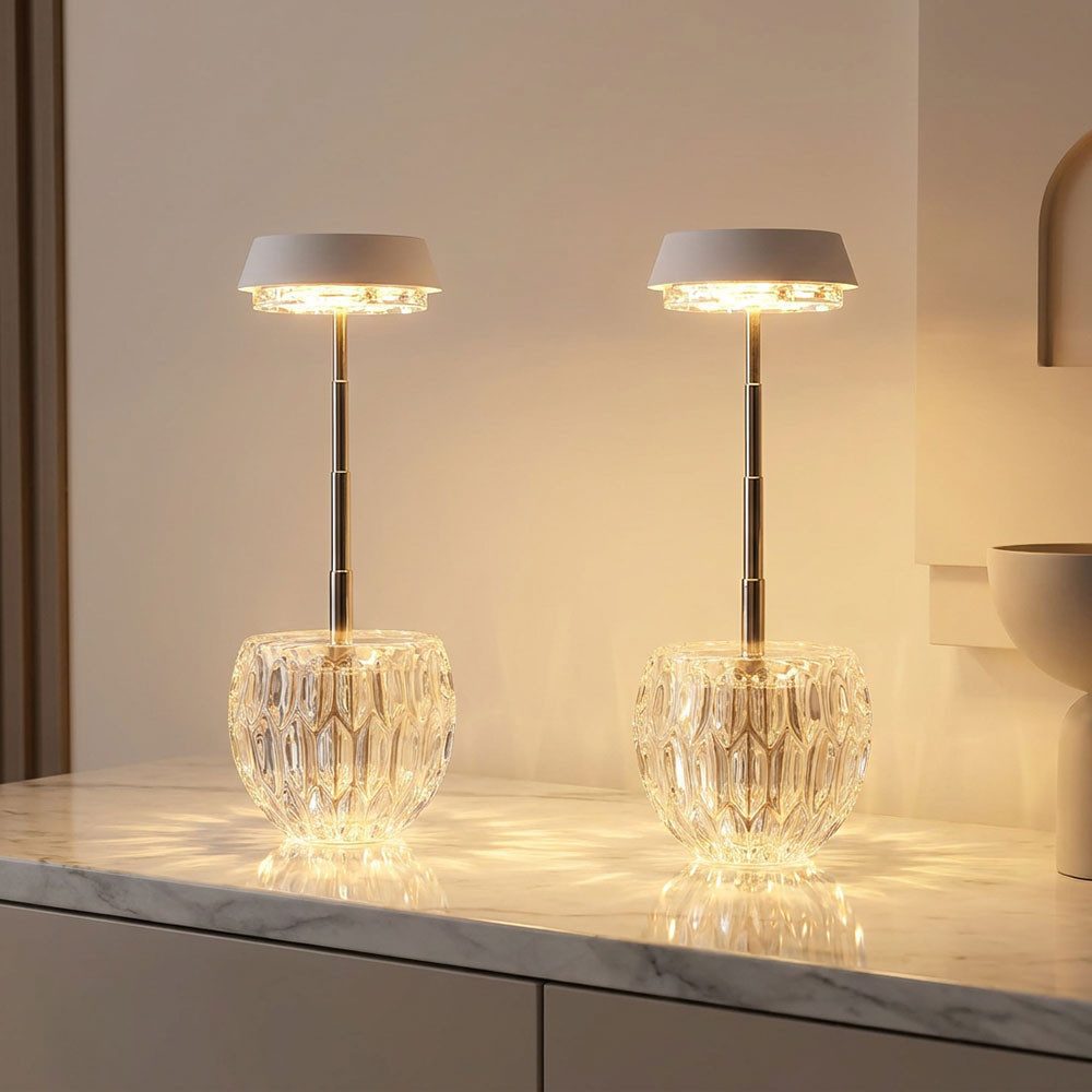 GLOBO LIGHTING LED Tischleuchte, Leuchtmittel inklusive, Warmweiß, Tischleuchte LED Kristalloptik Glas weiß Touchdimmer Teleskop 2er Set