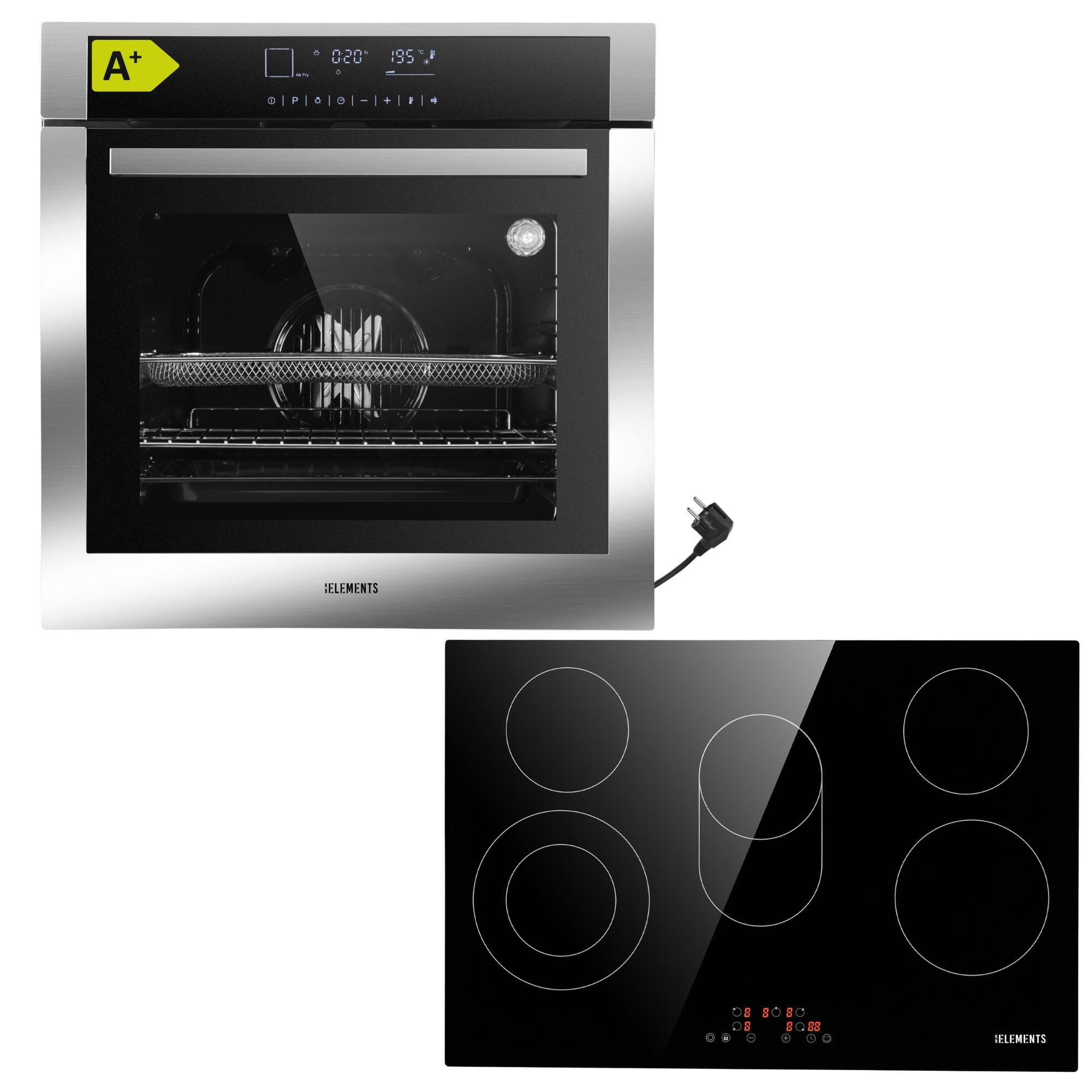 KB Elements Elektro-Herd-Set Einbaubackofen 60 cm mit 5-Zonen Glaskeramik Kochfeld 77 cm, mit 2-fach-Teleskopauszug, AQUA CLEAN, Einbaubackofen Full Touch mit 15 Funktionen, Air Fry Funktion