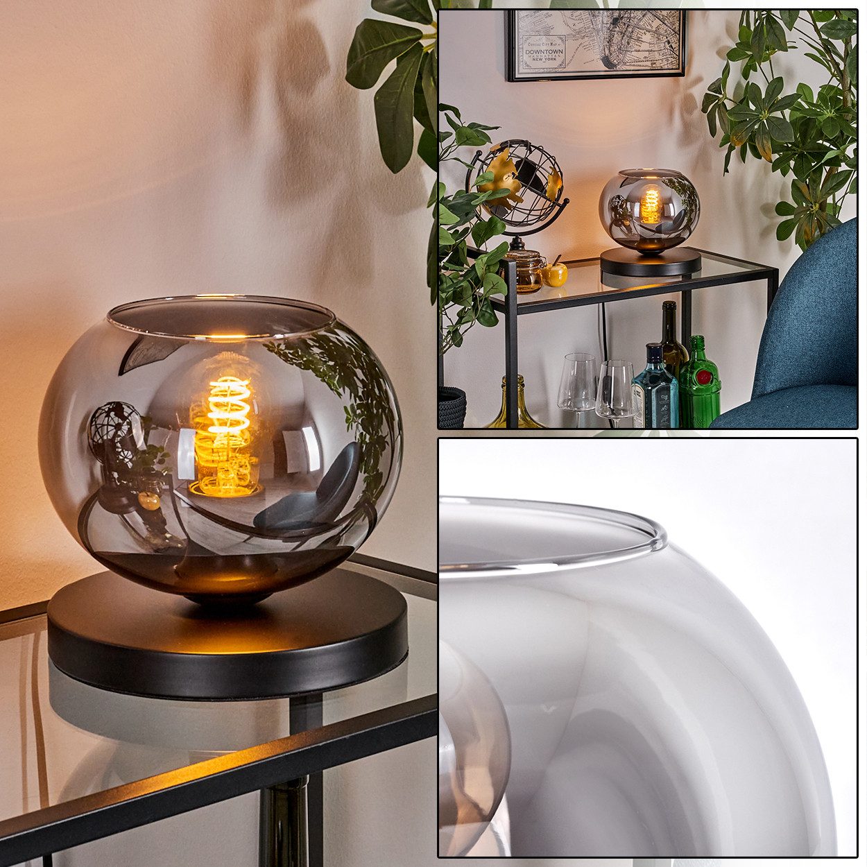 hofstein Tischleuchte Tischlampe aus Metall/Glas in Schwarz/Rauchfarben, ohne Leuchtmittel, mit Glasschrim(20cm), Schalter am Kabel, 1 x E27, ohne Leuchtmittel