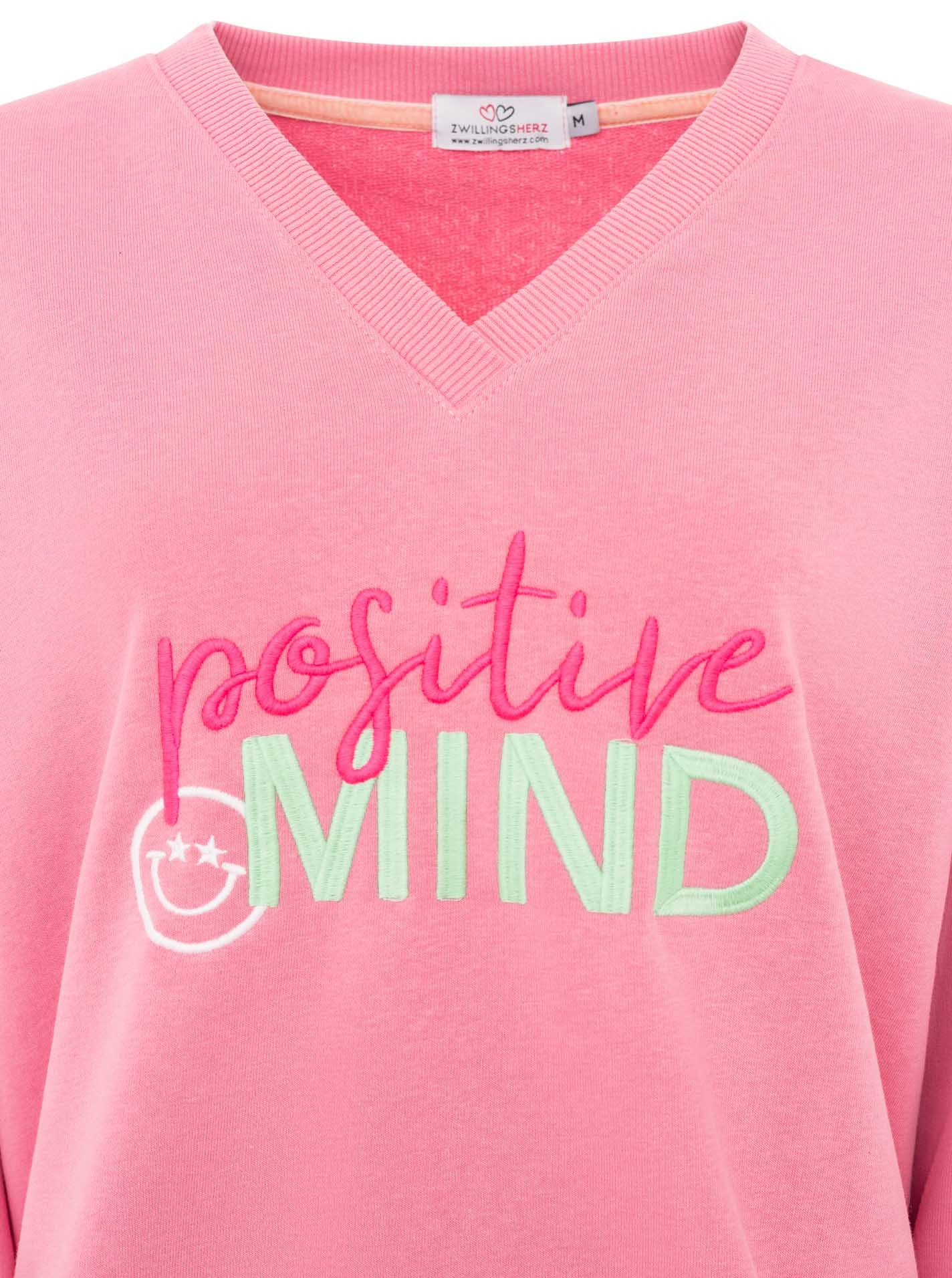 Zwillingsherz Hoodie "Positive Mind" neonfarbenen Bündchen, V-Ausschnitt, Seitenschlitze, Langarm