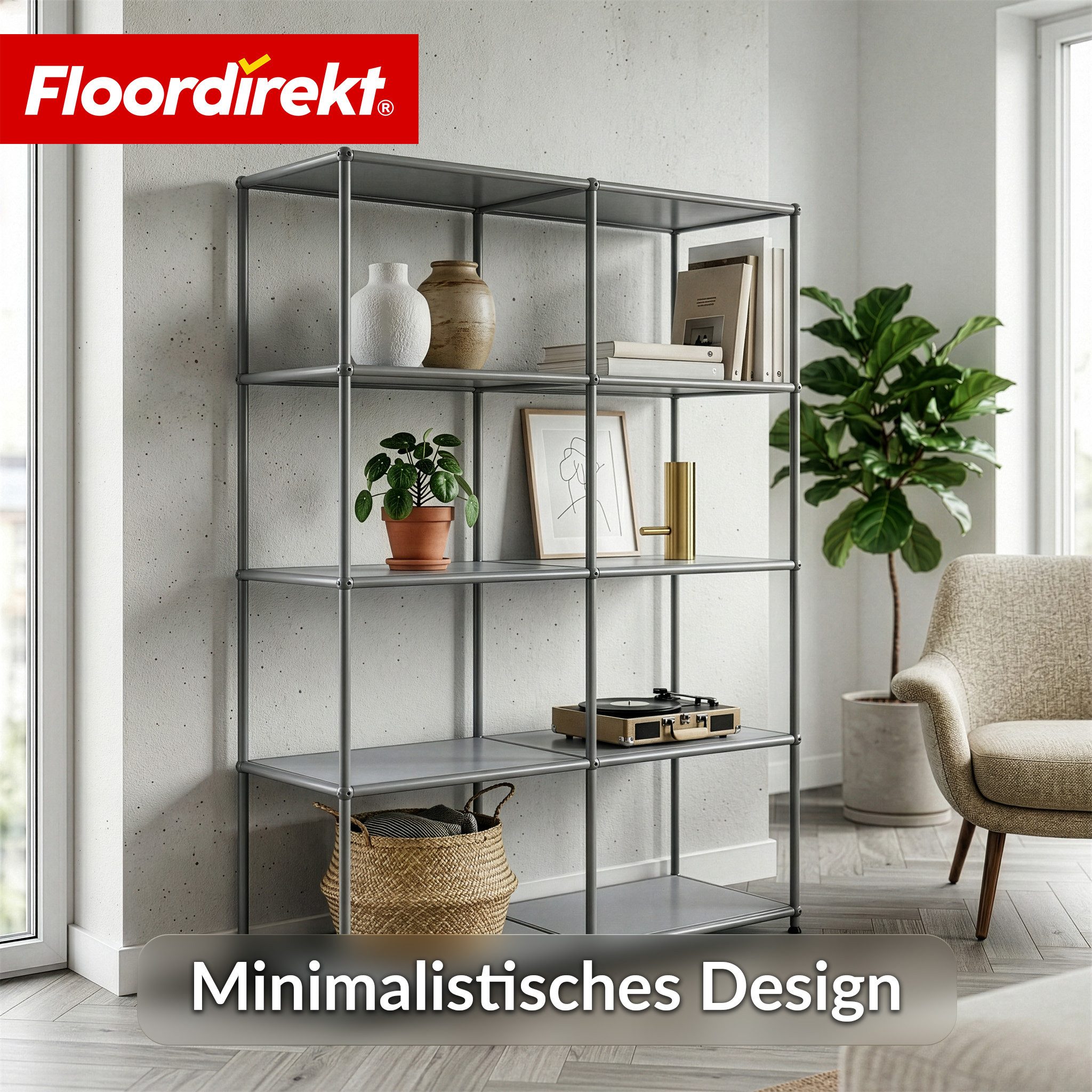 Floordirekt Bücherregal Standregal Concept Epure MK-015 Raumteiler, verchromtes Metallgestell, höhenverstellbare Kunststofffüße, 5 Ablagen, B78×T40×H118 cm