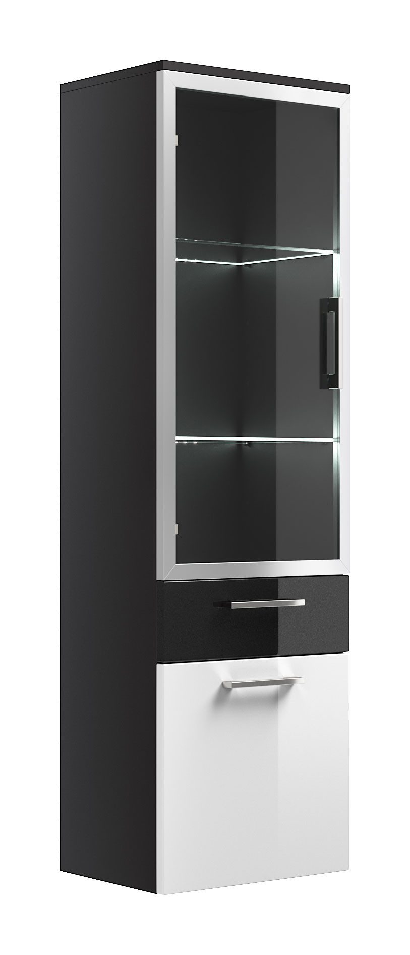 Magnolia Home Badmöbel-Set Hochschrank Rima 135 cm mit Glastür Weiss hochglanz/Grafit hochglanz, Soft-Close