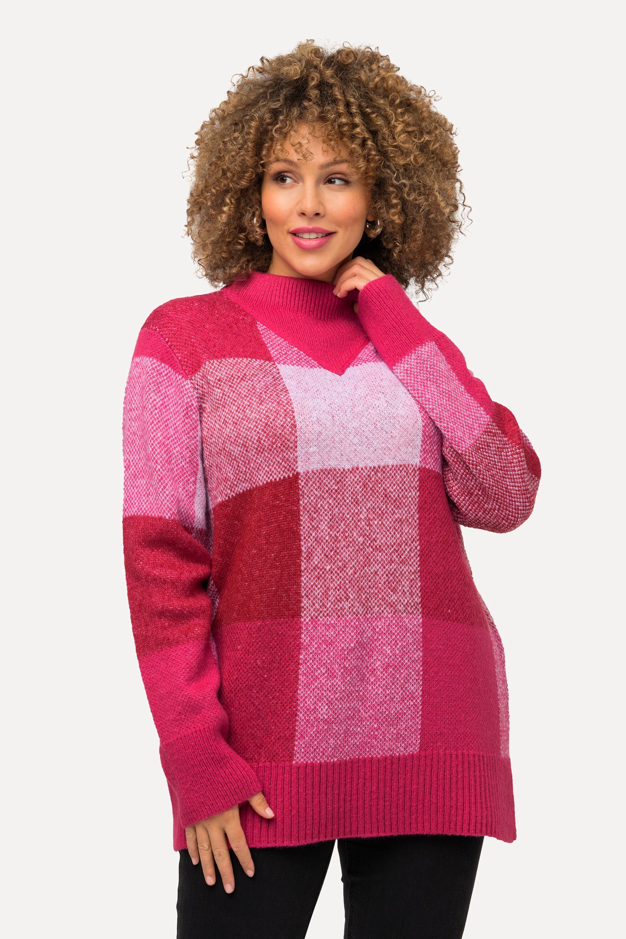 Ulla Popken Strickpullover Pullover Karomuster Stehkragen Langarm magentapink