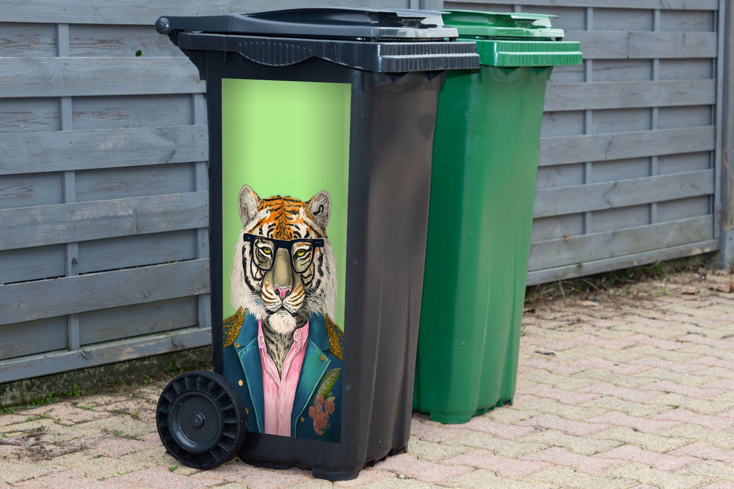 Mülltonne, (1 MuchoWow Brillen Sticker, Tiere - Mülleimer-aufkleber, St), Tiger Blumen - - Safari Abfalbehälter - Wandsticker Container,