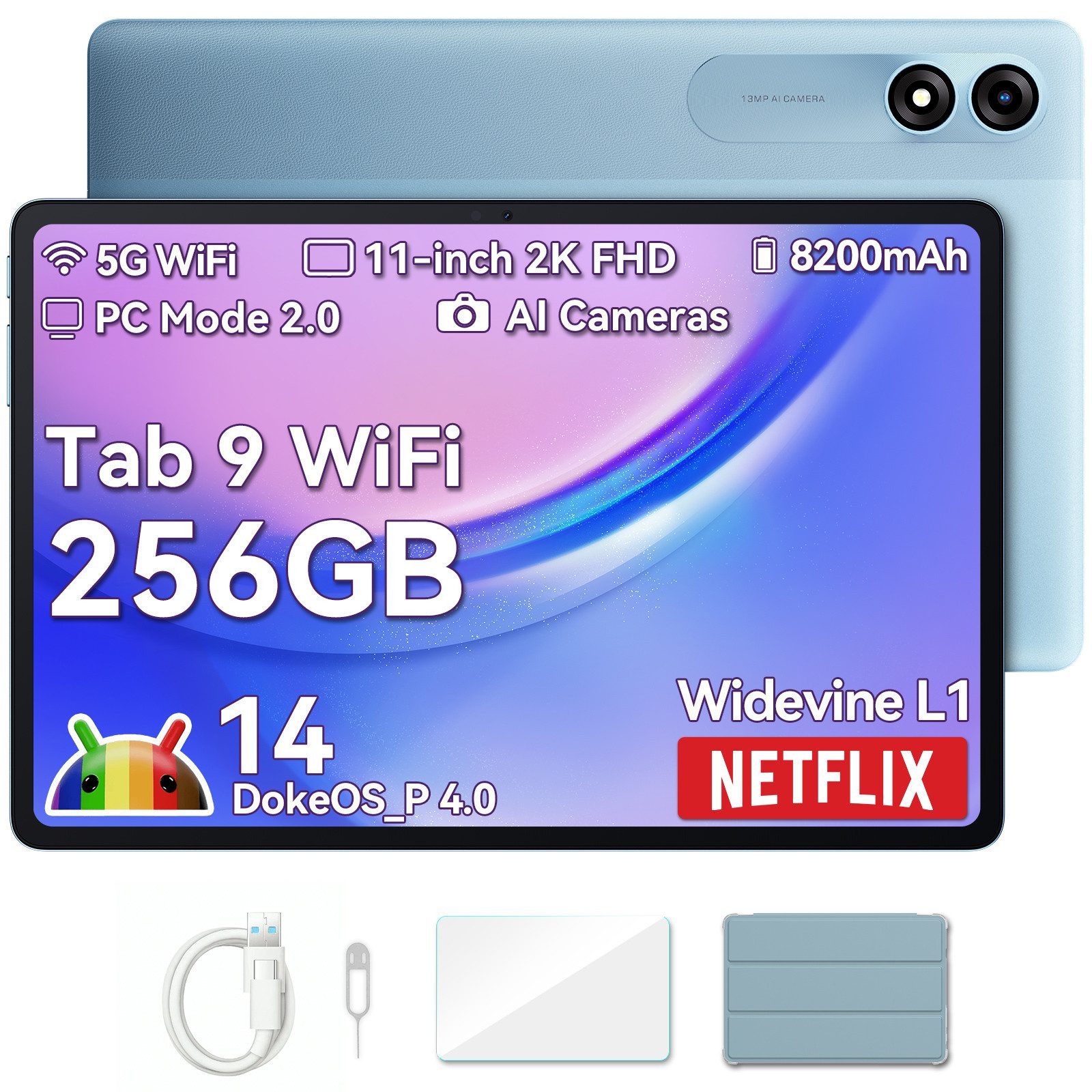 blackview Tab9Wifi FHD 2025 incl. Hülle/Ladegerät Tablet (11", 256 GB, DokeOS_P 4.0, Android 14, FHD, 8200 mAh, Face ID, Dual-Box)