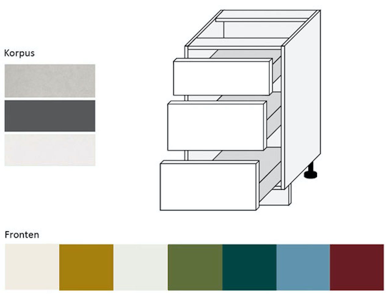 Front- (Vollauszug) farngrün matt Rimini wählbar & Schubladen 3 (Rimini) mit 50cm 6025 RAL Feldmann-Wohnen Korpusfarbe Unterschrank