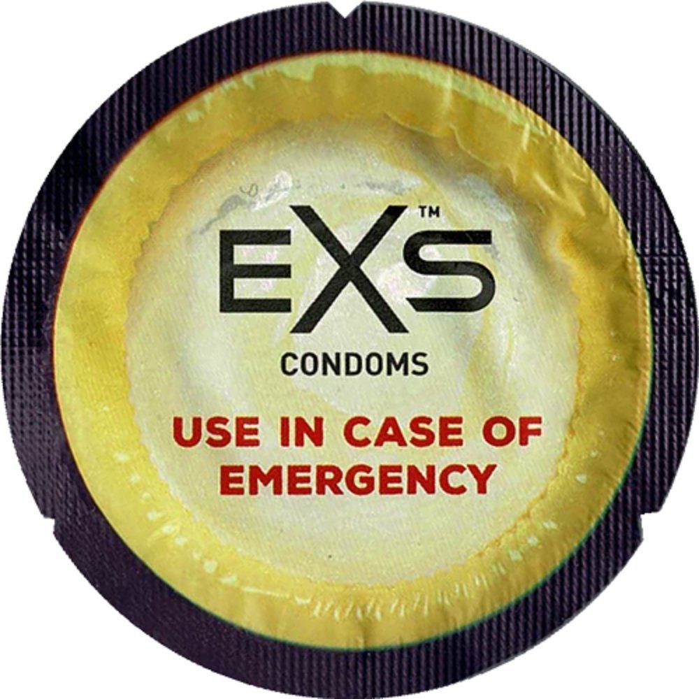 EXS Kondome Emergency - Notfall-Kondome Packung mit, 100 St., Latexkondome mit Logo / Aufdruck, Rundfolien-Kondome mit Motiv, Vorratspackung, Geschenk-Idee