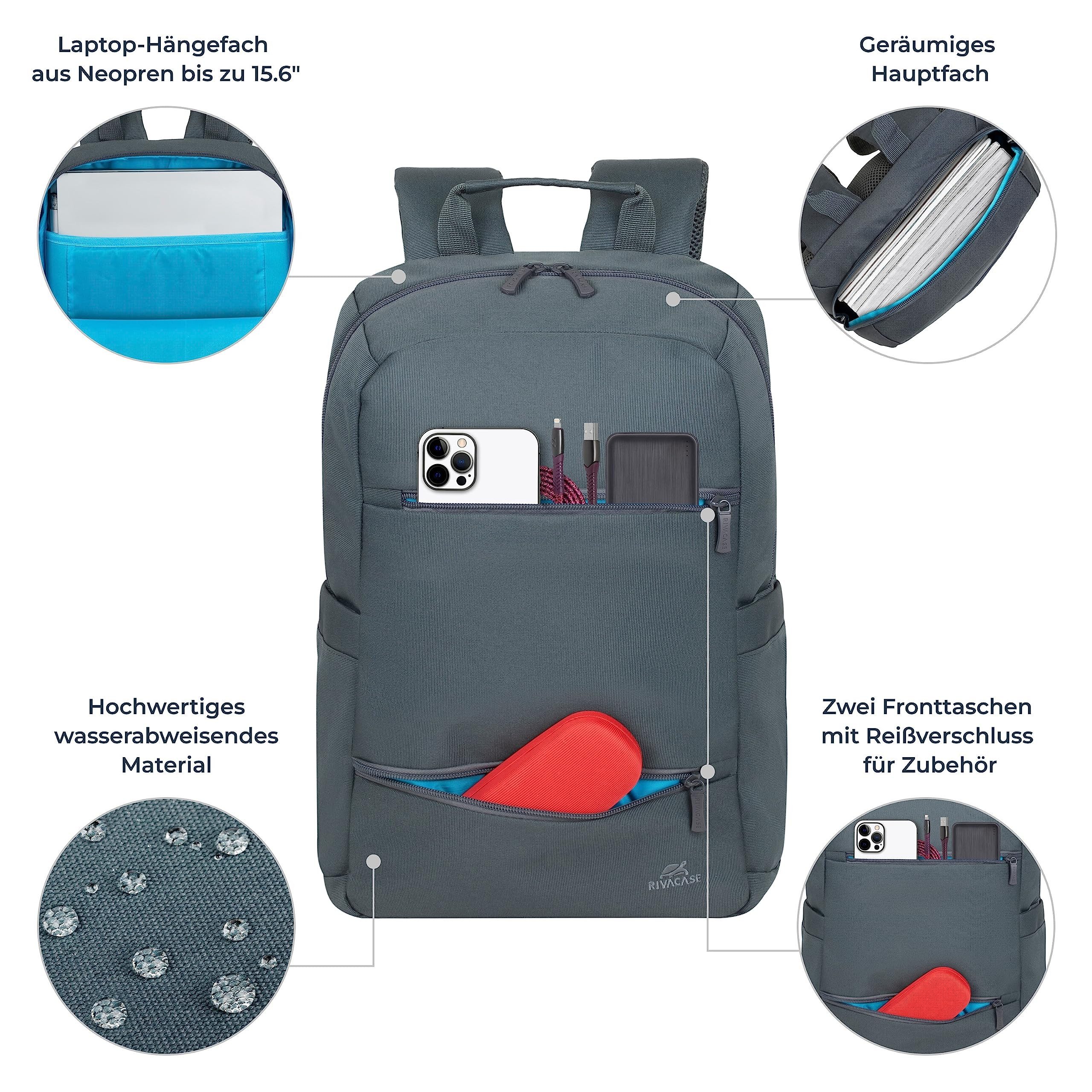 Rivacase Laptoprucksack wasserabweisender kompakter Tagesrucksack 10L, 15L mit Laptopfach, für Business, Reisen, Uni, Schule, Freizeit
