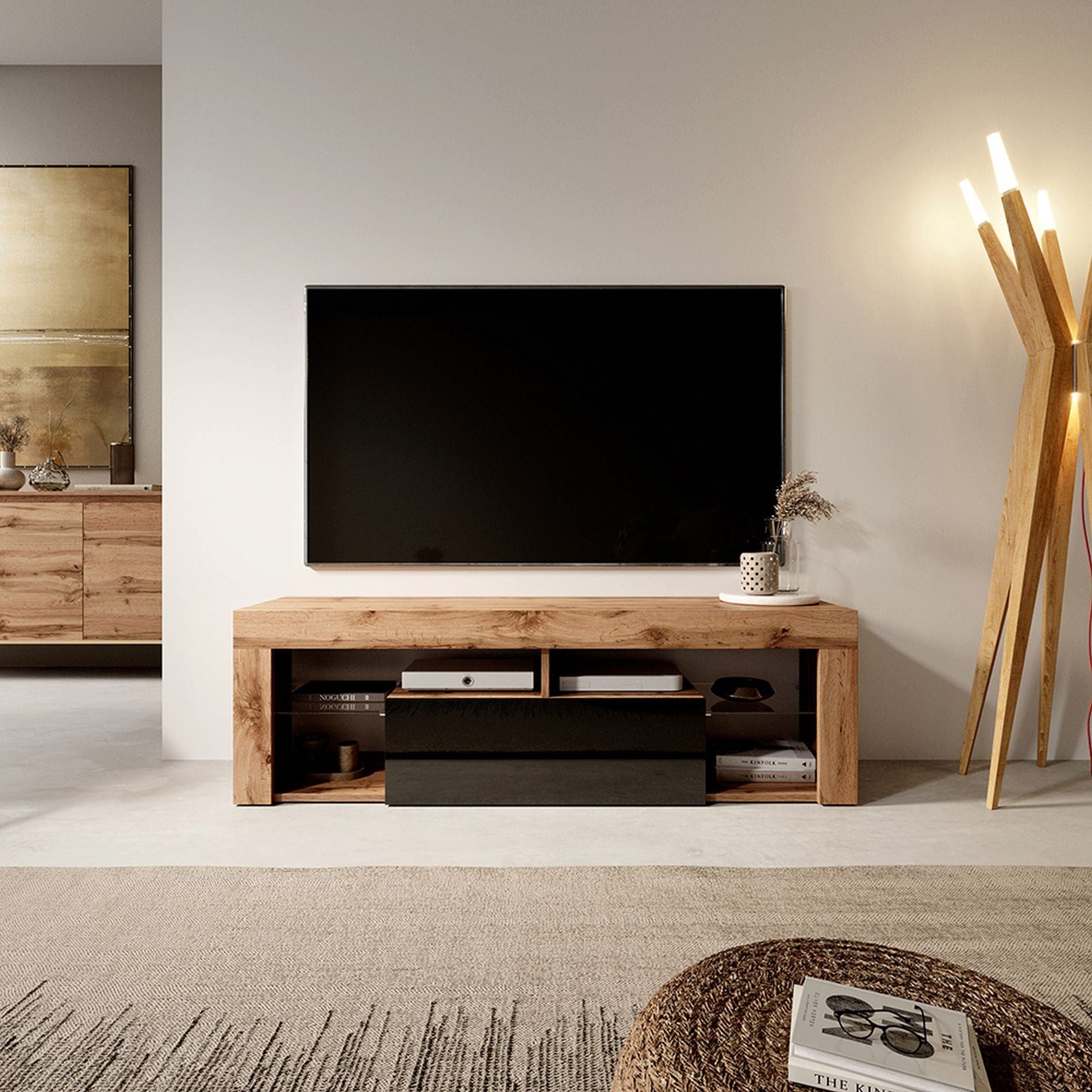 Selsey TV-Schrank BIANKO TV-Lowboard asymmetrisch, 140 cm, mit offenen Fächern & Klappen
