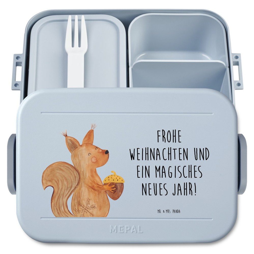 Mr. & Mrs. Panda Butterdose Eichhörnchen Weihnachten Motiv, Bento Box, Blau Pastell, Frohes Neues, Polypropylen lebensmittelecht, (Packung), Geschenk Guten Rutsch Bento-Brotdose
