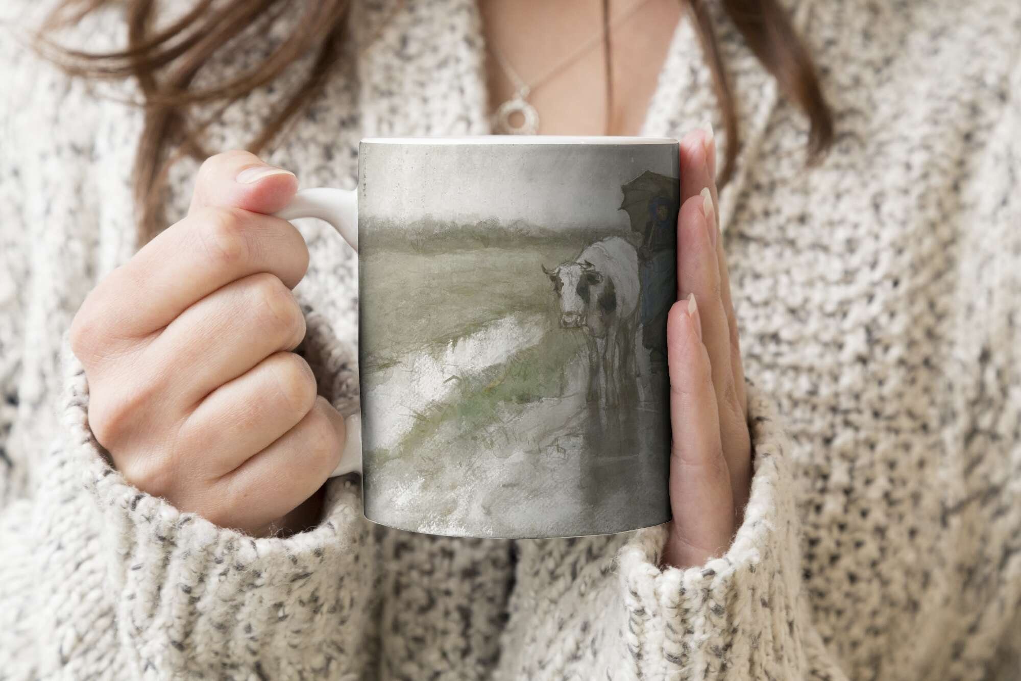 Becher, einer Teetasse, Tasse Bäuerin Teetasse, auf im Keramik, Gemälde MuchoWow Geschenk Kaffeetassen, Eine Landstraße Regen mit - von, Kühen