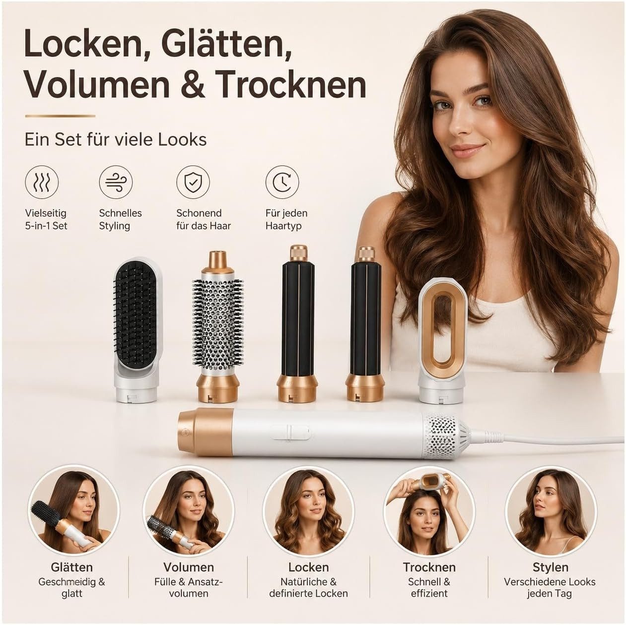 BELLABEAUTY Multihaarstyler Haarstyler, Airstyler, 5 in 1 Haarstyler, Whipl, Warmluftbürste