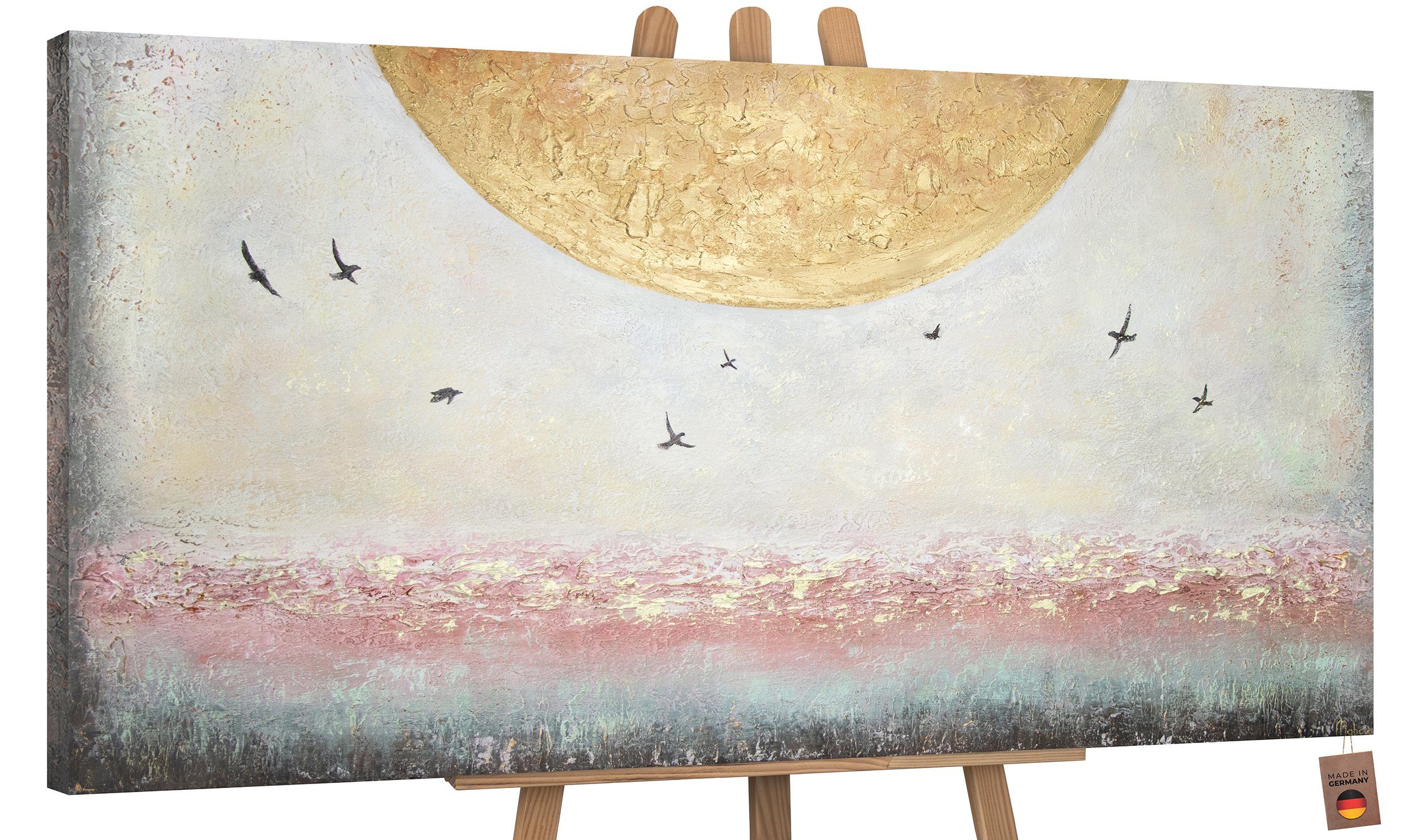 Vögel Leinwand Sonne YS-Art Ohne Handgemalt Bild Schattenfugenrahmen Sonnenenergie, Landschaft, Gemälde Gold Süden