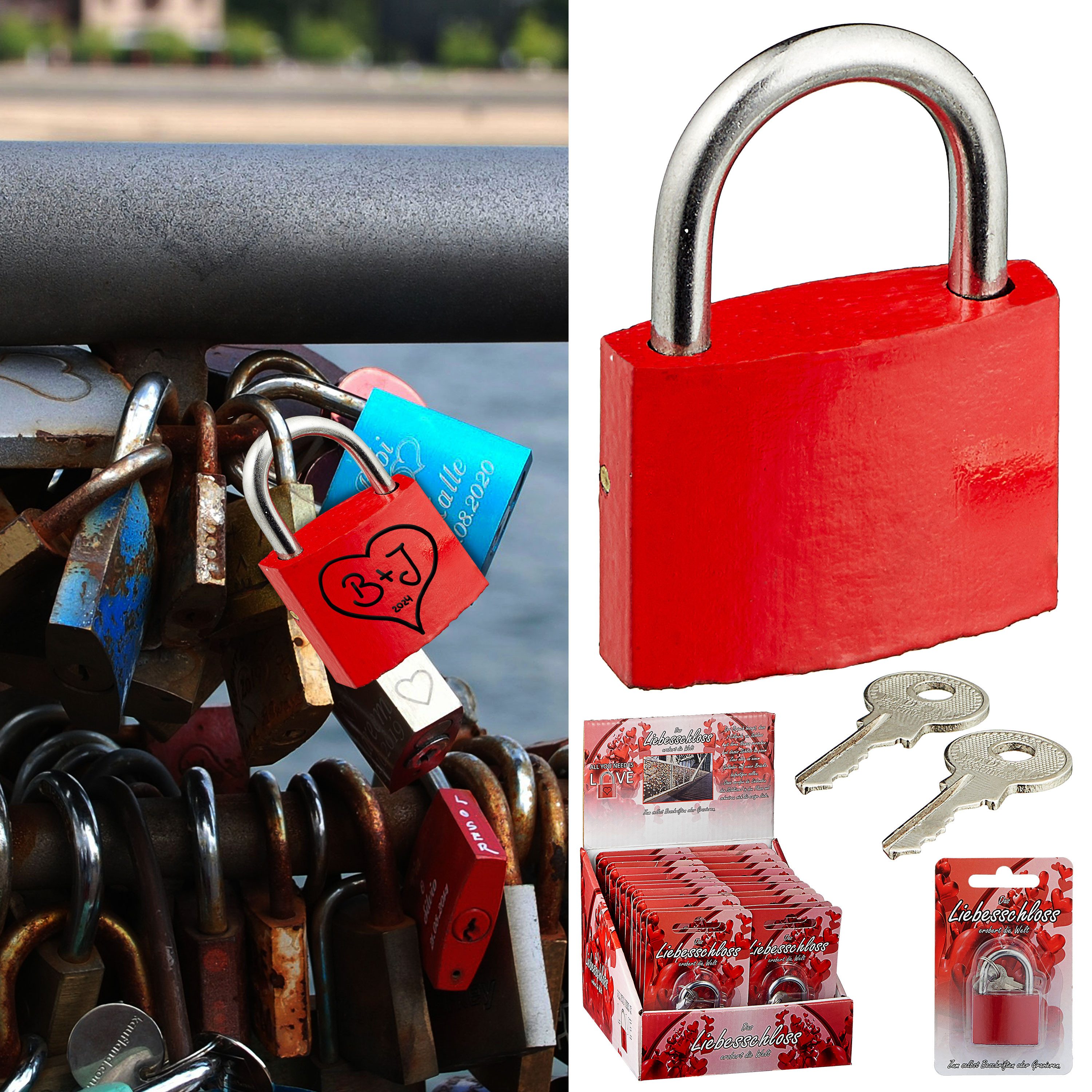 CEPEWA Vorhängeschloss Liebesschloss 24 Stück Display 3,8cm rot Metall 2fach 2 Schlüssel