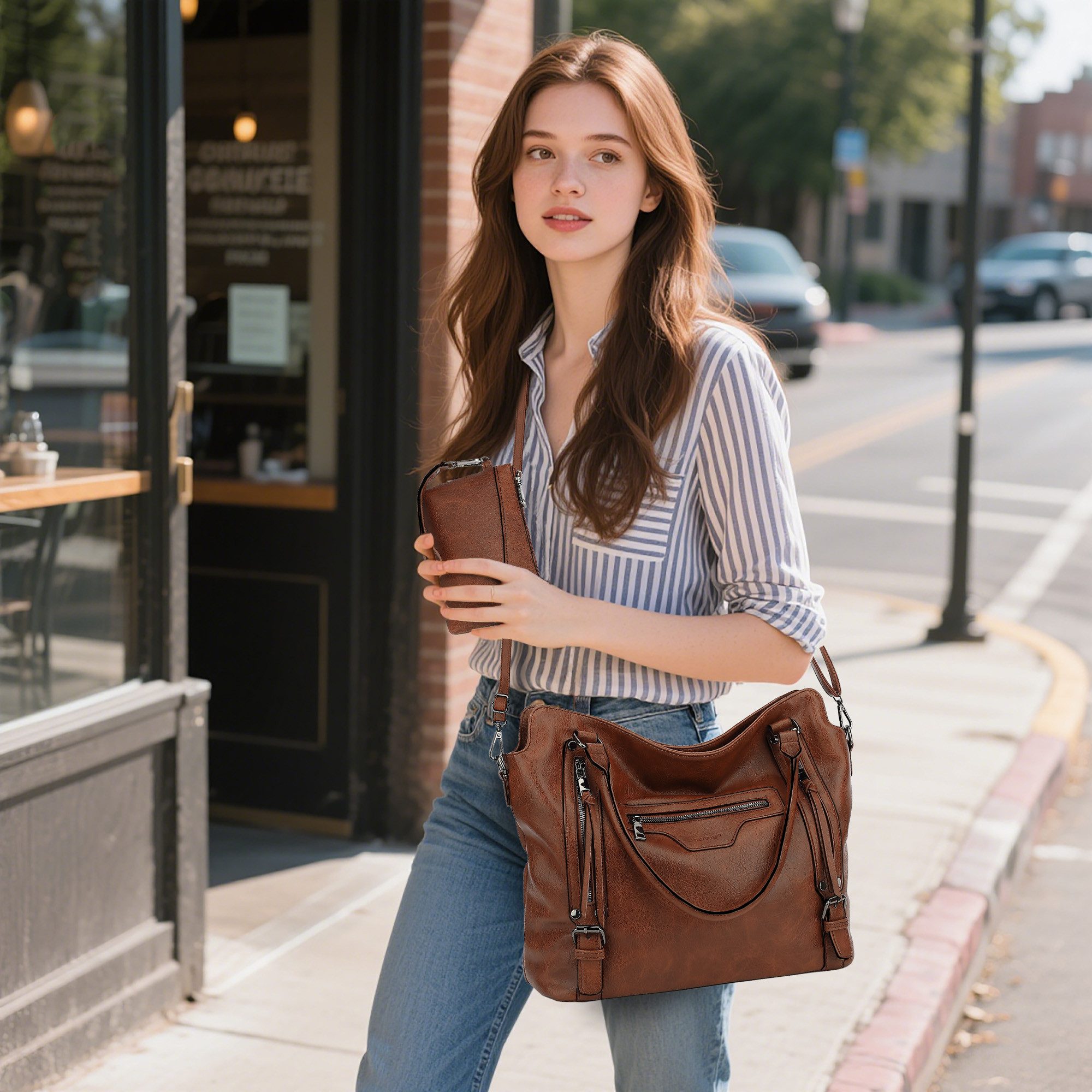 TAN.TOMI Handtasche Damen Shopper - Set Schultertasche Henkeltasche Umhängetasche, Mit abnehmbarem Schultergurt für Büro Schule Einkauf Reise – Bild 2 von 5