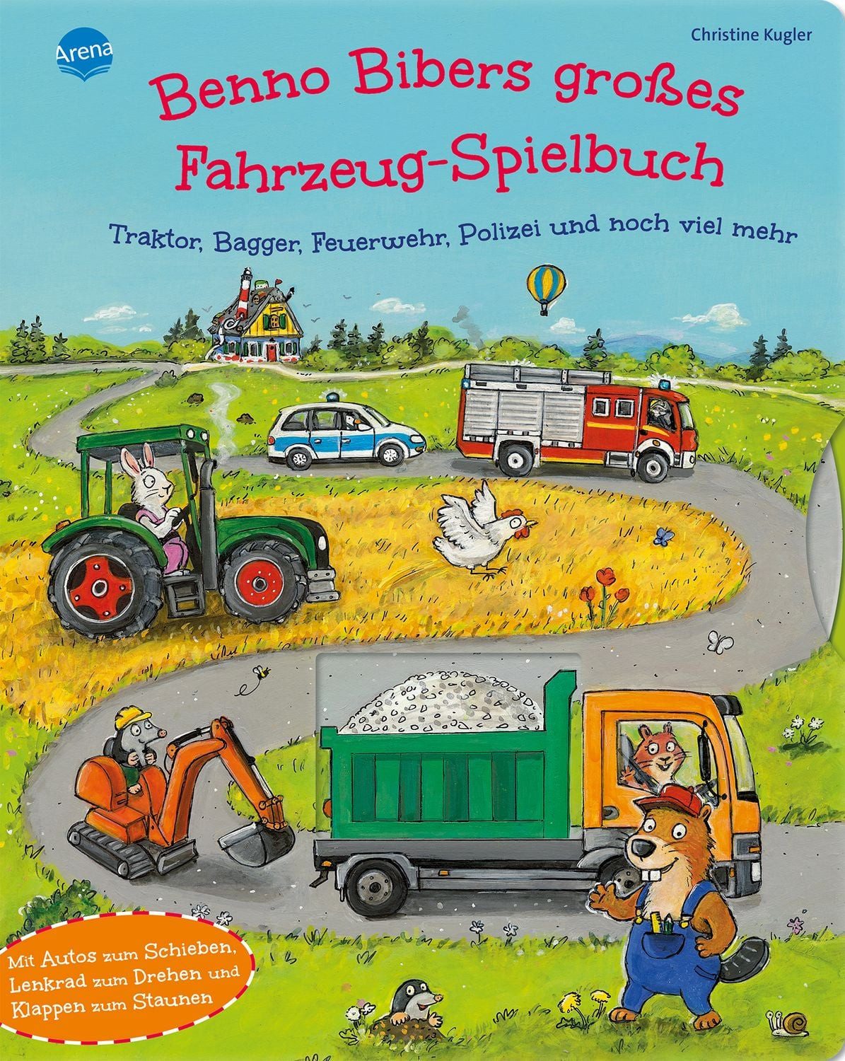 Benno Bibers großes Fahrzeug-Spielbuch. Traktor, Bagger, Feuerwehr, Po / Christine Kugler, Das extra-große Mitmachbuch mit Drehscheiben, Überraschungsklappen und Autos zum Schieben ab 2 Jahren