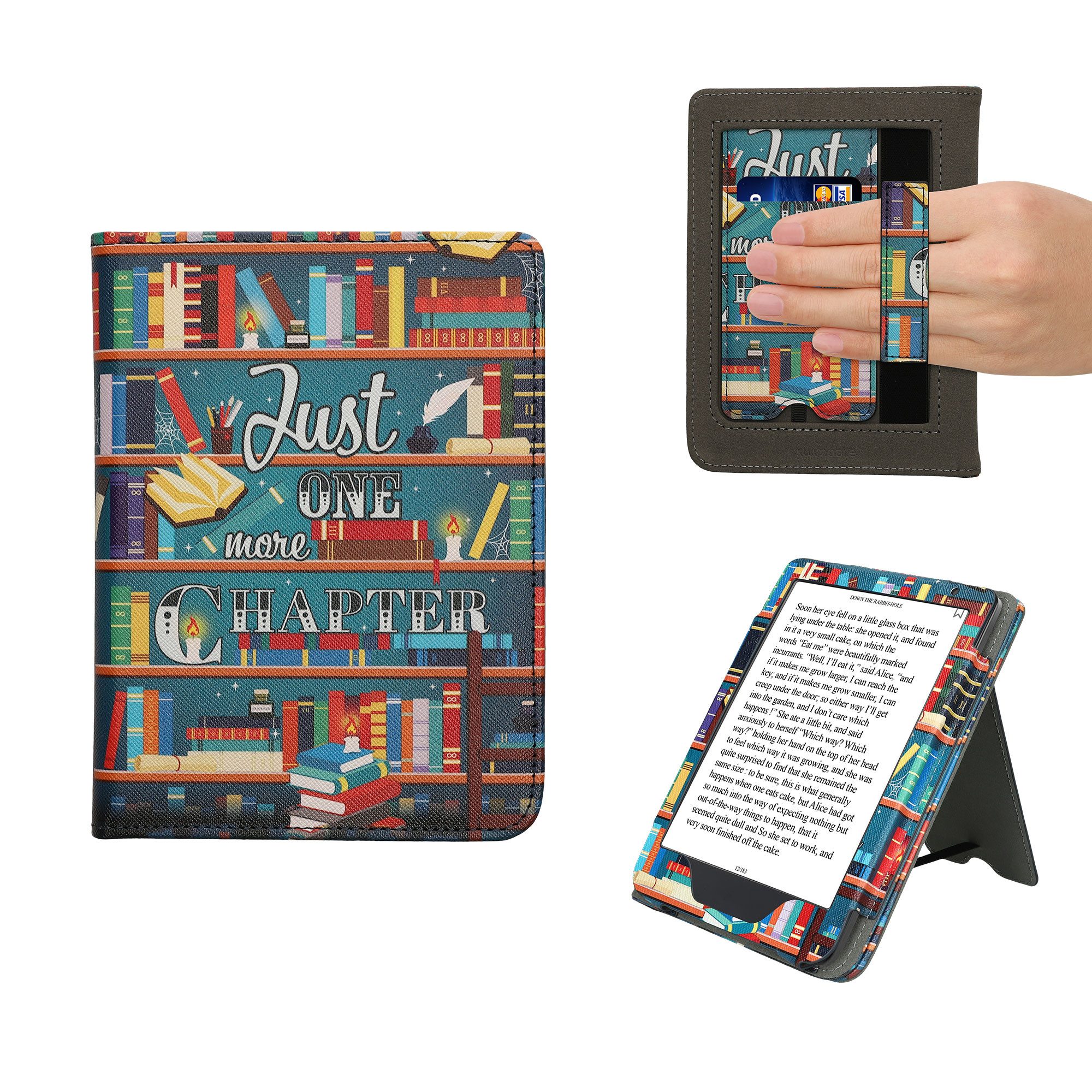 kwmobile E-Reader-Hülle Flip Schutzhülle für Kobo Clara BW / Clara Colour / Tolino Shine (5), Handschlaufe - Cover Bibliothek Motto Design
