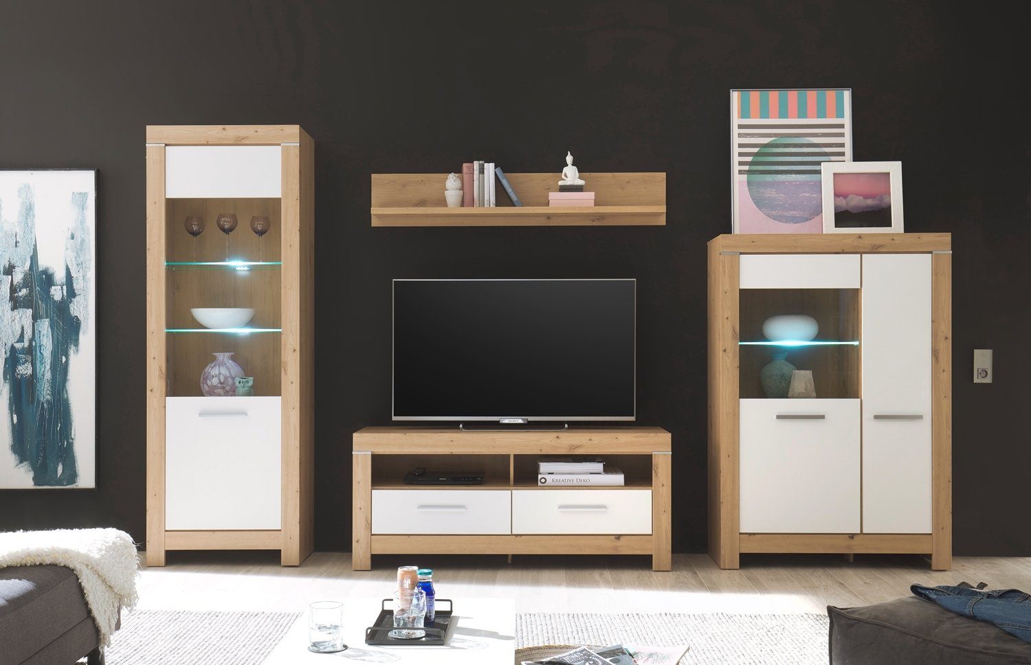 Wohnwand BALIN, B 325 cm, Artisan Eiche Dekor, Weiß matt, (4-teilig), mit LED-Beleuchtung