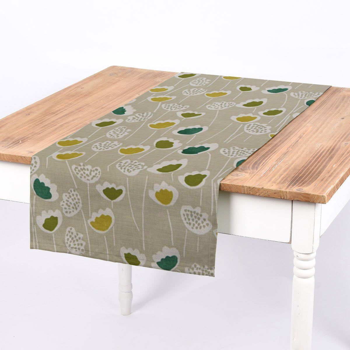 SCHÖNER LEBEN. Tischläufer SCHÖNER LEBEN. Tischläufer Clara Cactus Blumen grau grün 40x160cm, handmade