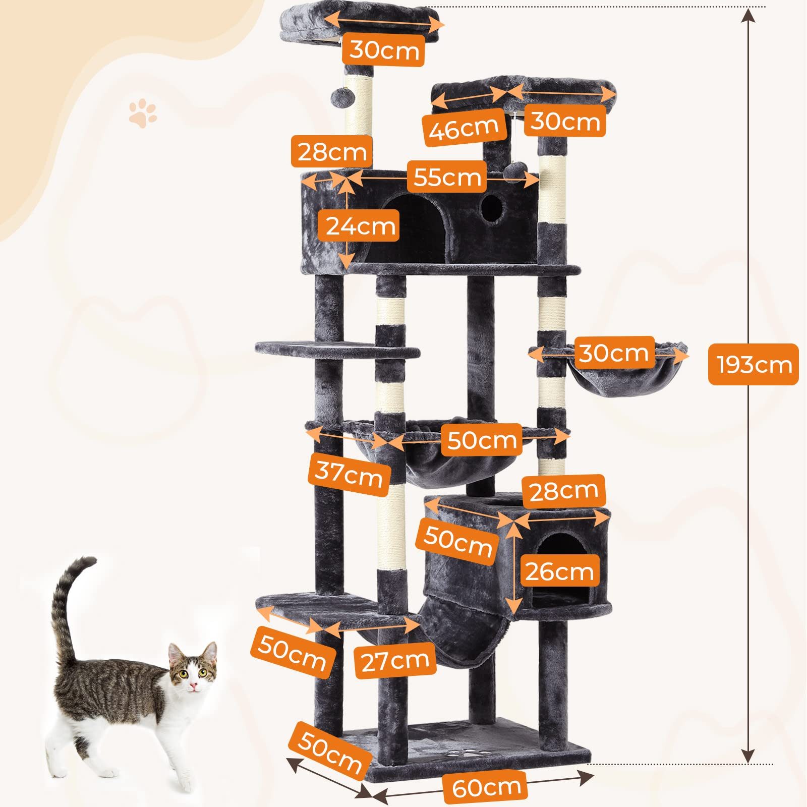 MSMASK Kratzbaum groß XXL, katzenbaum mit 2 Höhlen, 2 Plattformen und Hängematte, katzenbaum mit Mehreren Ebenen, katzenkratzbaum deckenhoch 193cm