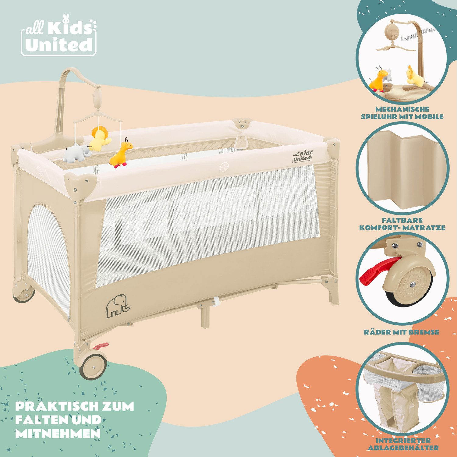 all Kids United Baby-Reisebett Faltbares Baby Reisebett- Babybett mit Matratze, Tragetasche&Stauraum, mit Wickelauflage