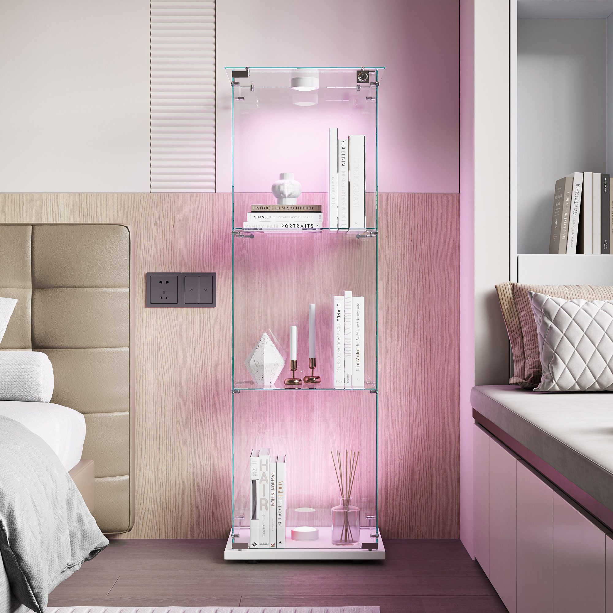 FUROKOY Glasvitrine Standvitrinen, Vitrine aus gehärtetem Glas (Set, 1-St., Vitrinenschrank mit 1 Glastür und Beleuchtung für Sammler, Bücher) Weiß 3 Lagen Sammlervitrine