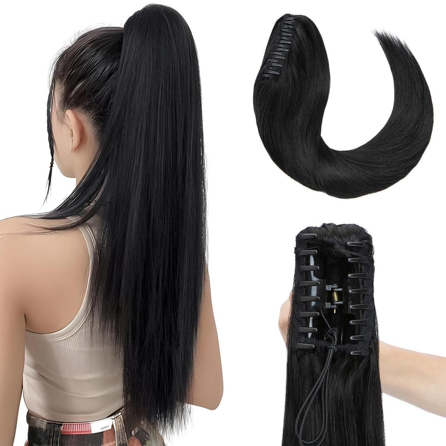 LuxusKollektion Echthaar-Extension Pferdeschwanz Haarverlängerung Echthaar Remy 50cm #1 Lackschwarz