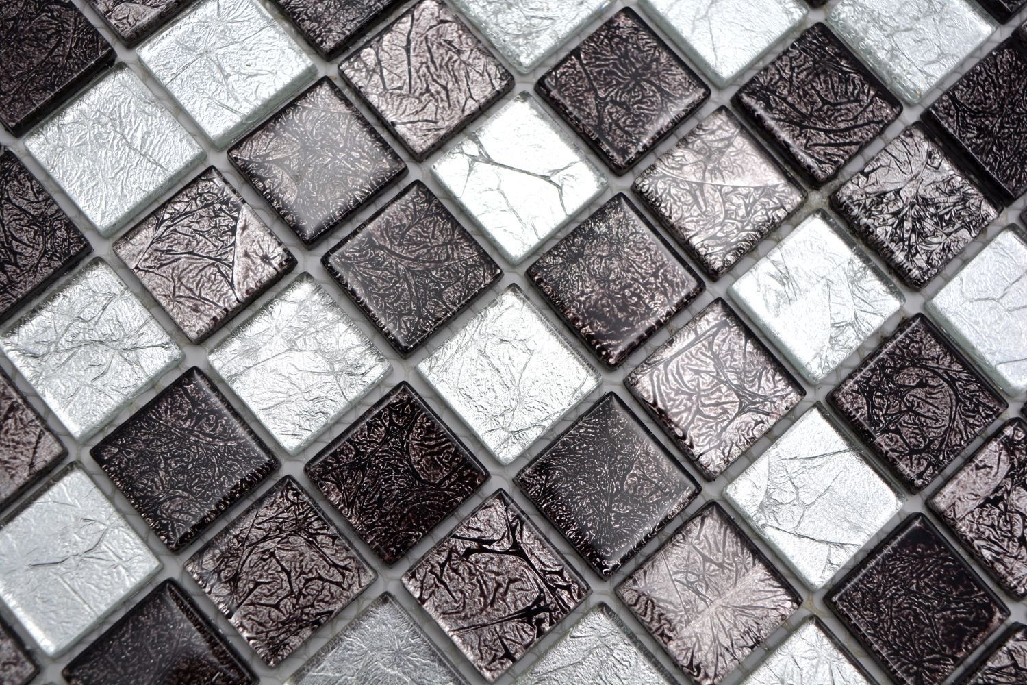 Mosani Mosaikfliesen Mosaikfliese Glasmosaik silber schwarz Metall Struktur grau Optik